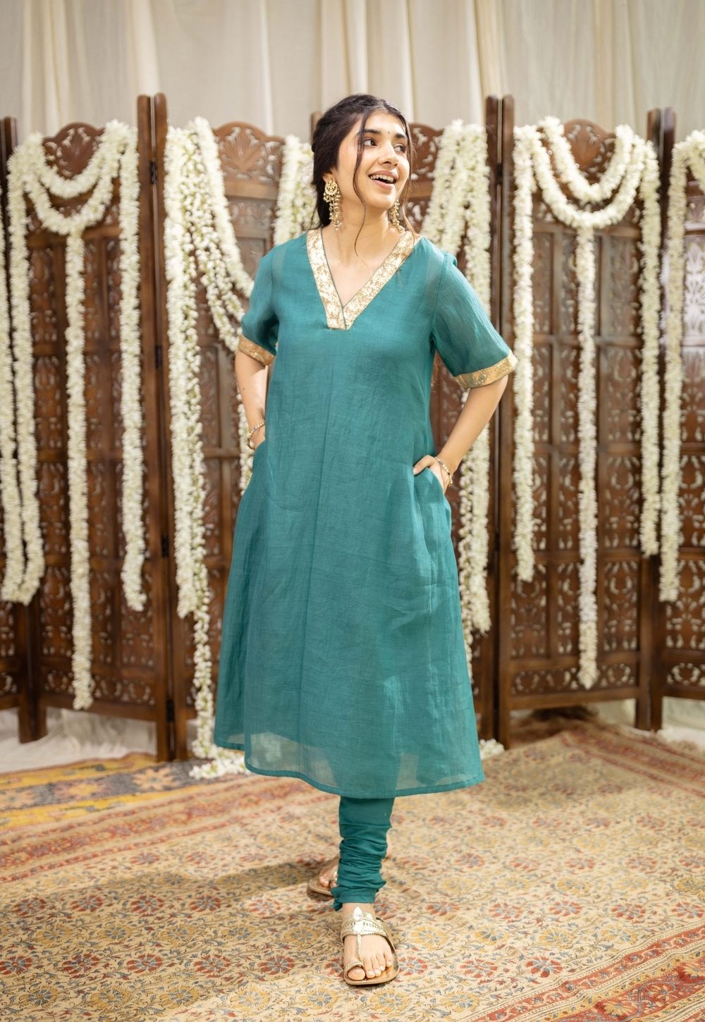 Srisha Peacock Green A Line Chanderi Silk Gota Patti Kurta Set (Set of 3)