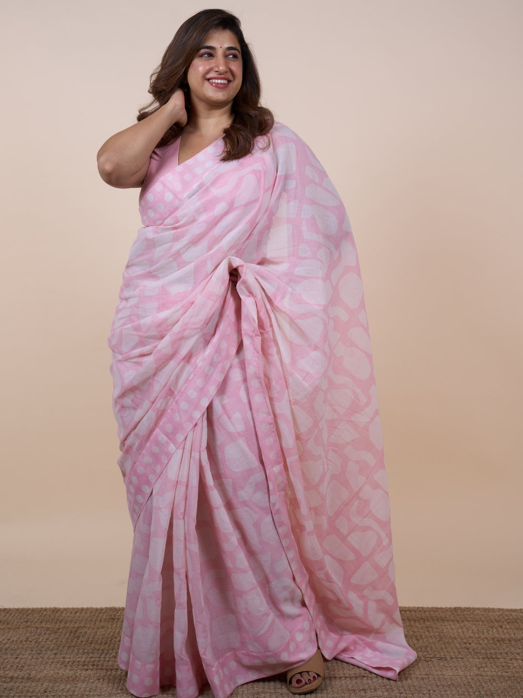 Laiba Pink Batik Hand Block Print Mul Cotton Saree with Embroidery