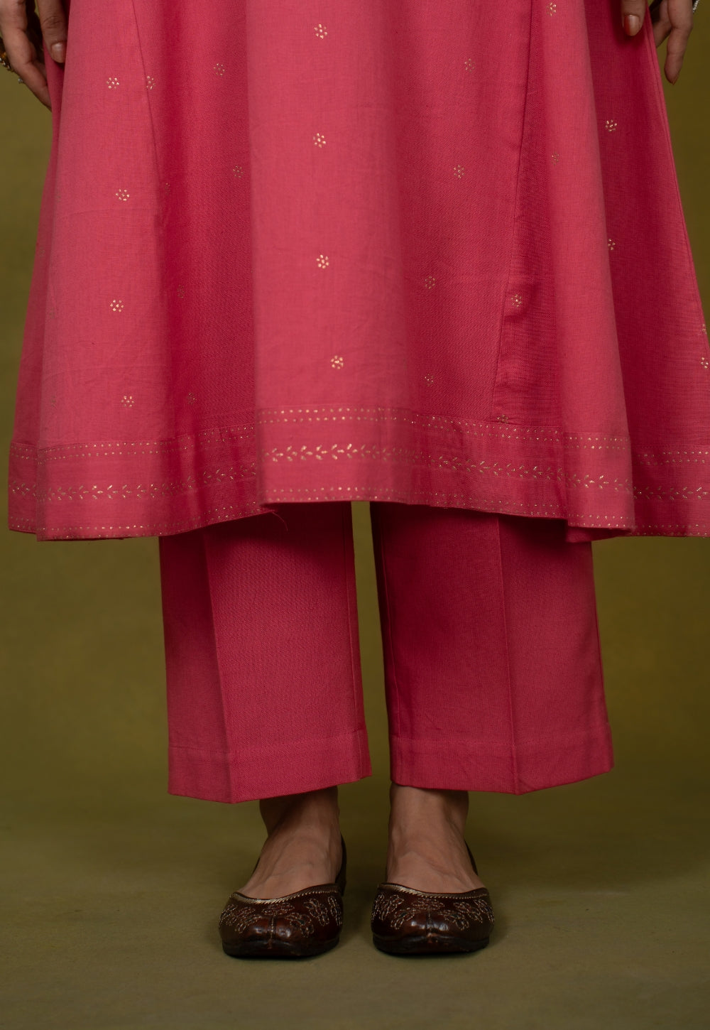Sadia Pink Rogan Handblock Printed Cotton Kali Kurta Suit Set (Set of 3)