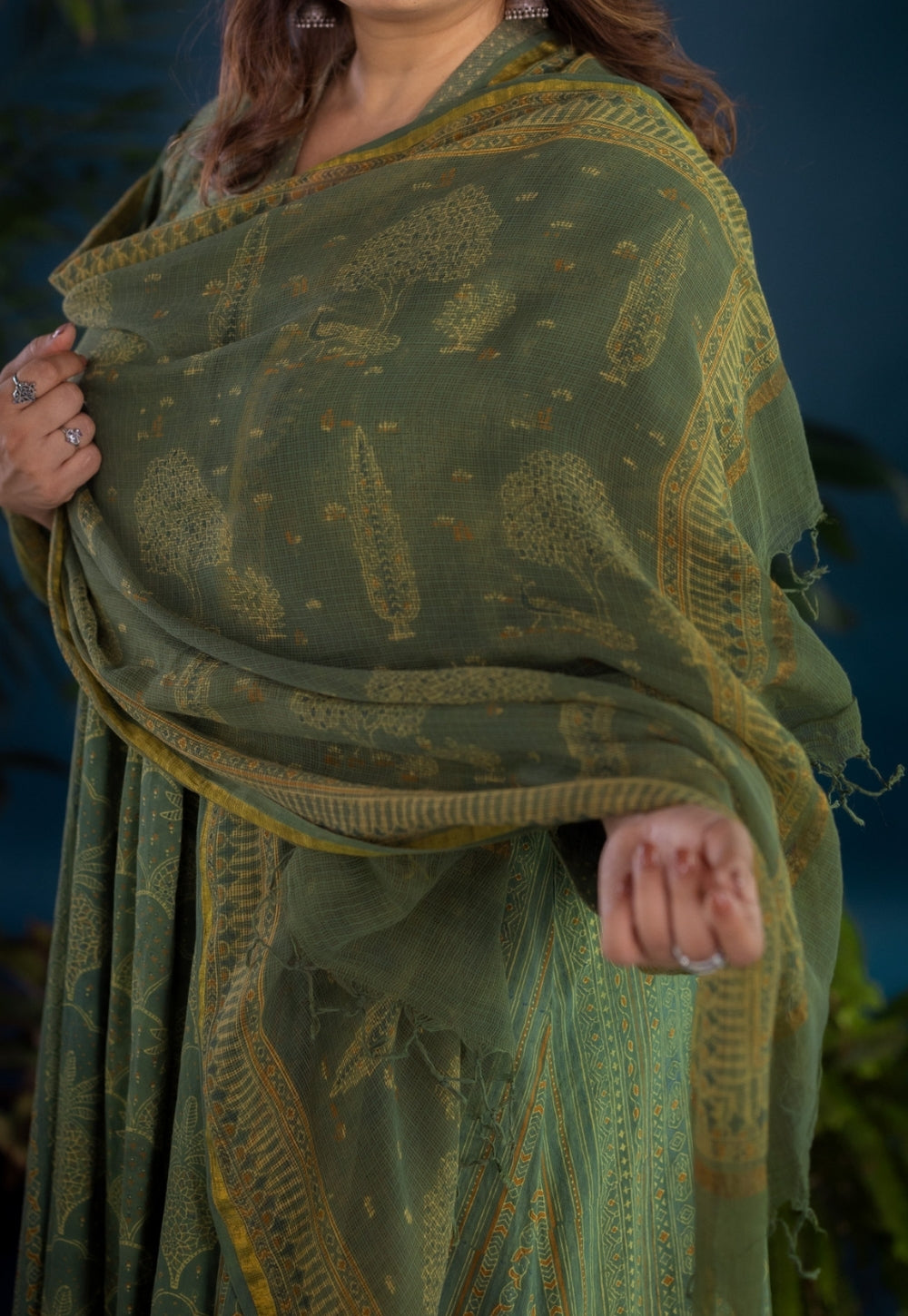 Green Traditional Ajrakh Kota Doria Cotton Dupatta