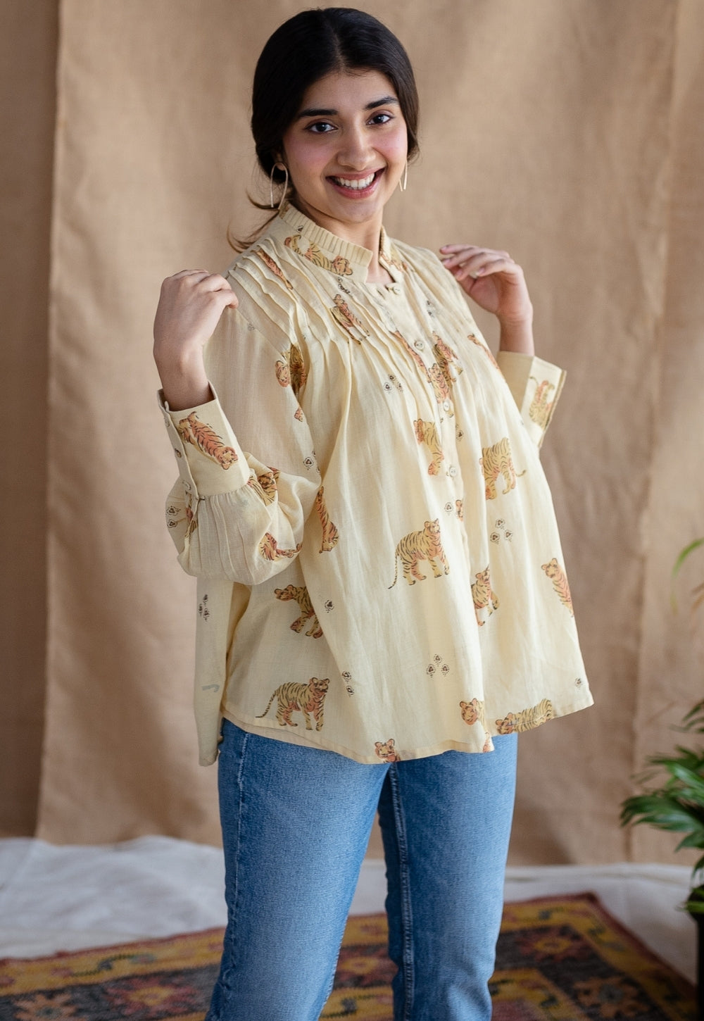 Kanha Bagh Ajrakh MulMul Light Yellow Cotton Top
