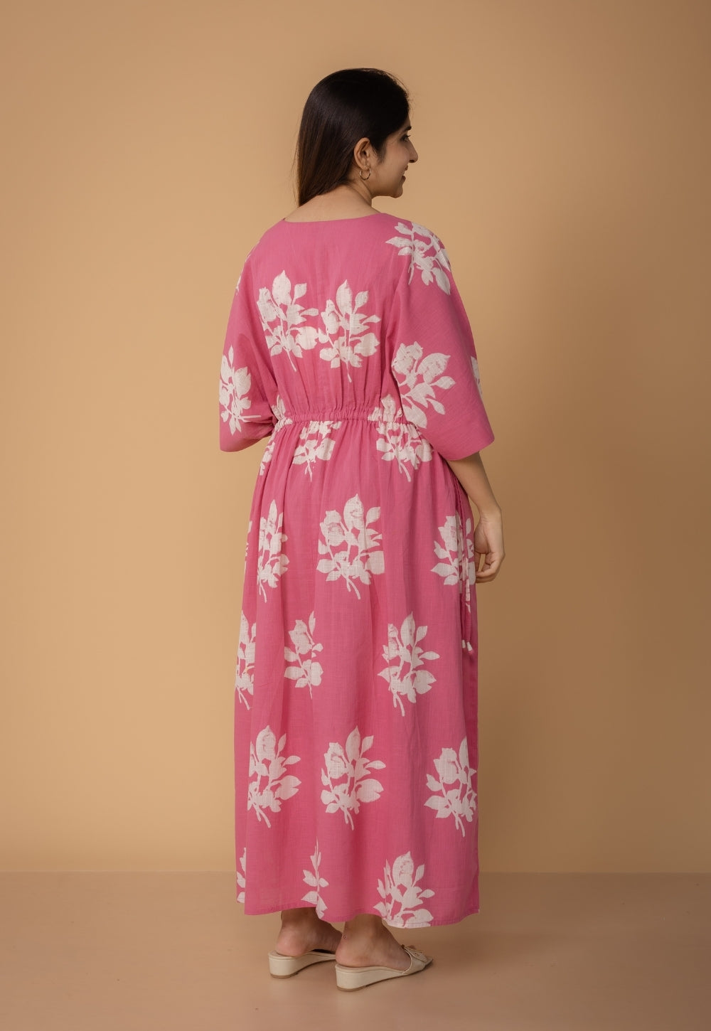 Jiana Pink Dabu Slub Cotton Kaftan Dress