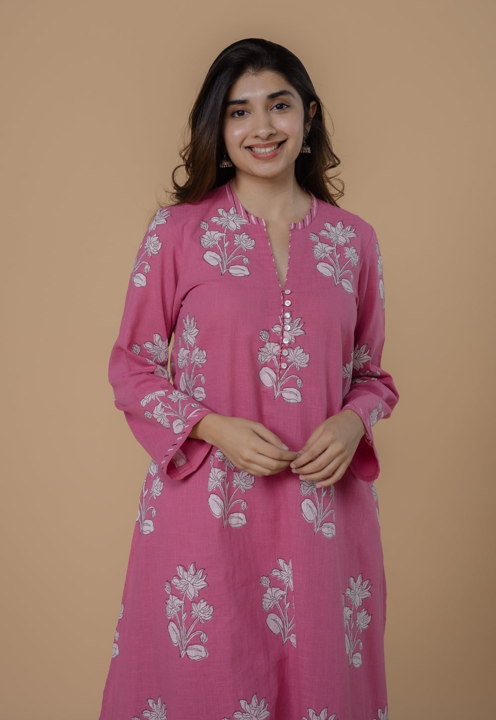 Eshika Pink Dabu Slub Cotton A Line Kurta Set (Set of 2)