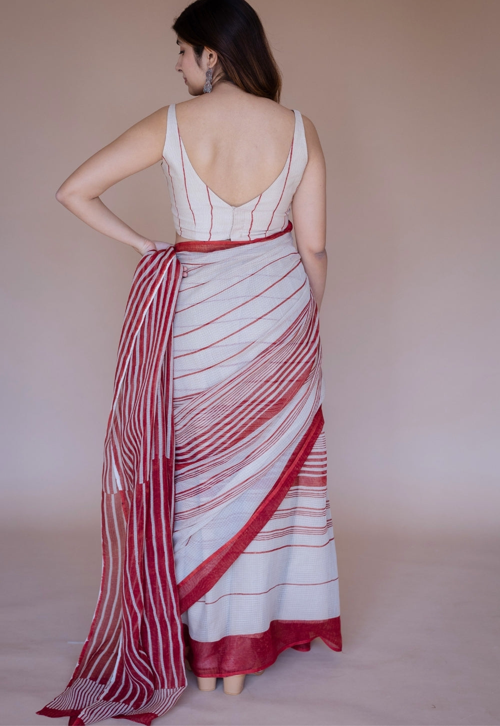 Off White Stripe Ajrakh Hand Block Print Kota Doria Cotton Saree