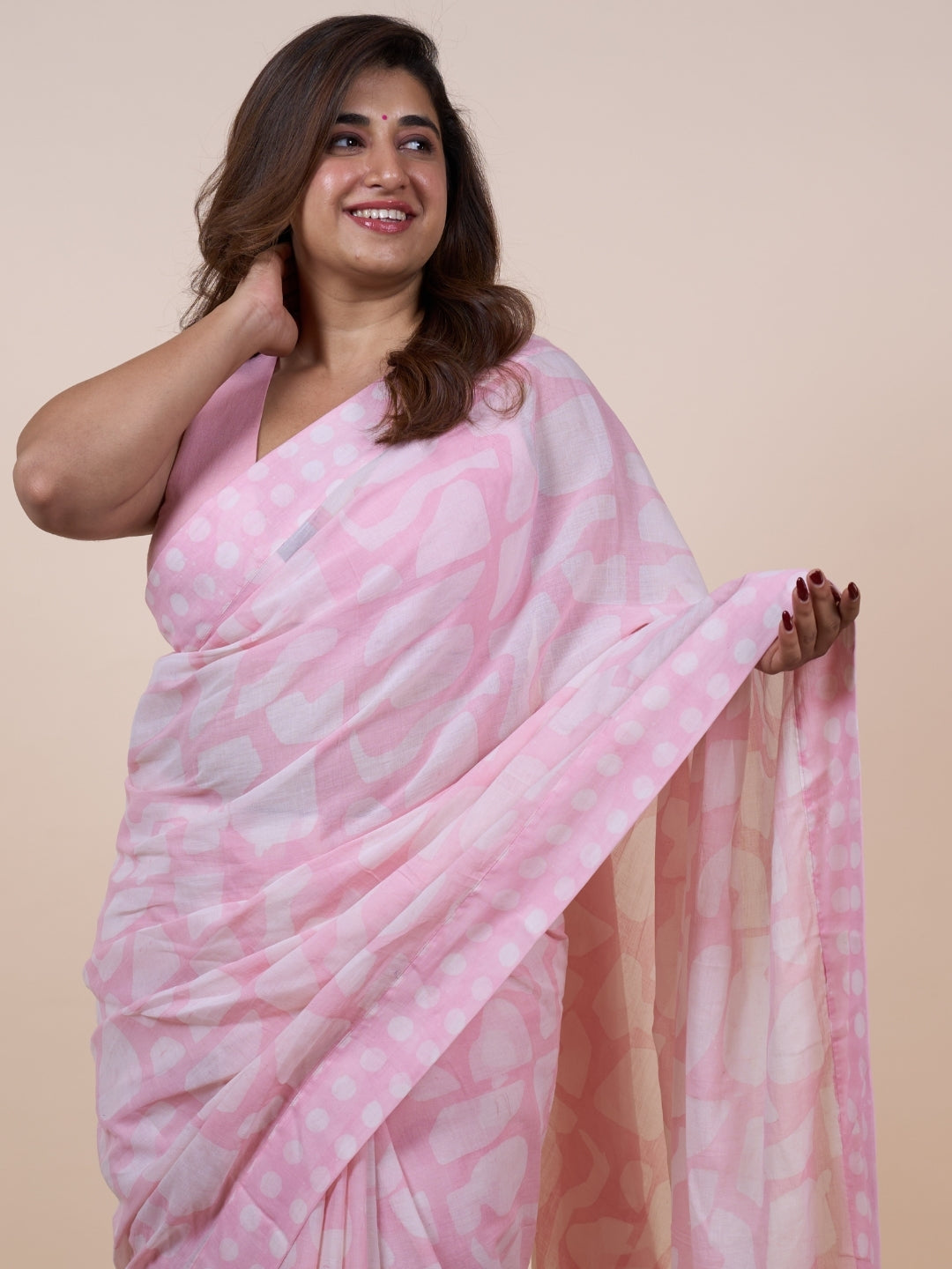 Laiba Pink Batik Hand Block Print Mul Cotton Saree with Embroidery