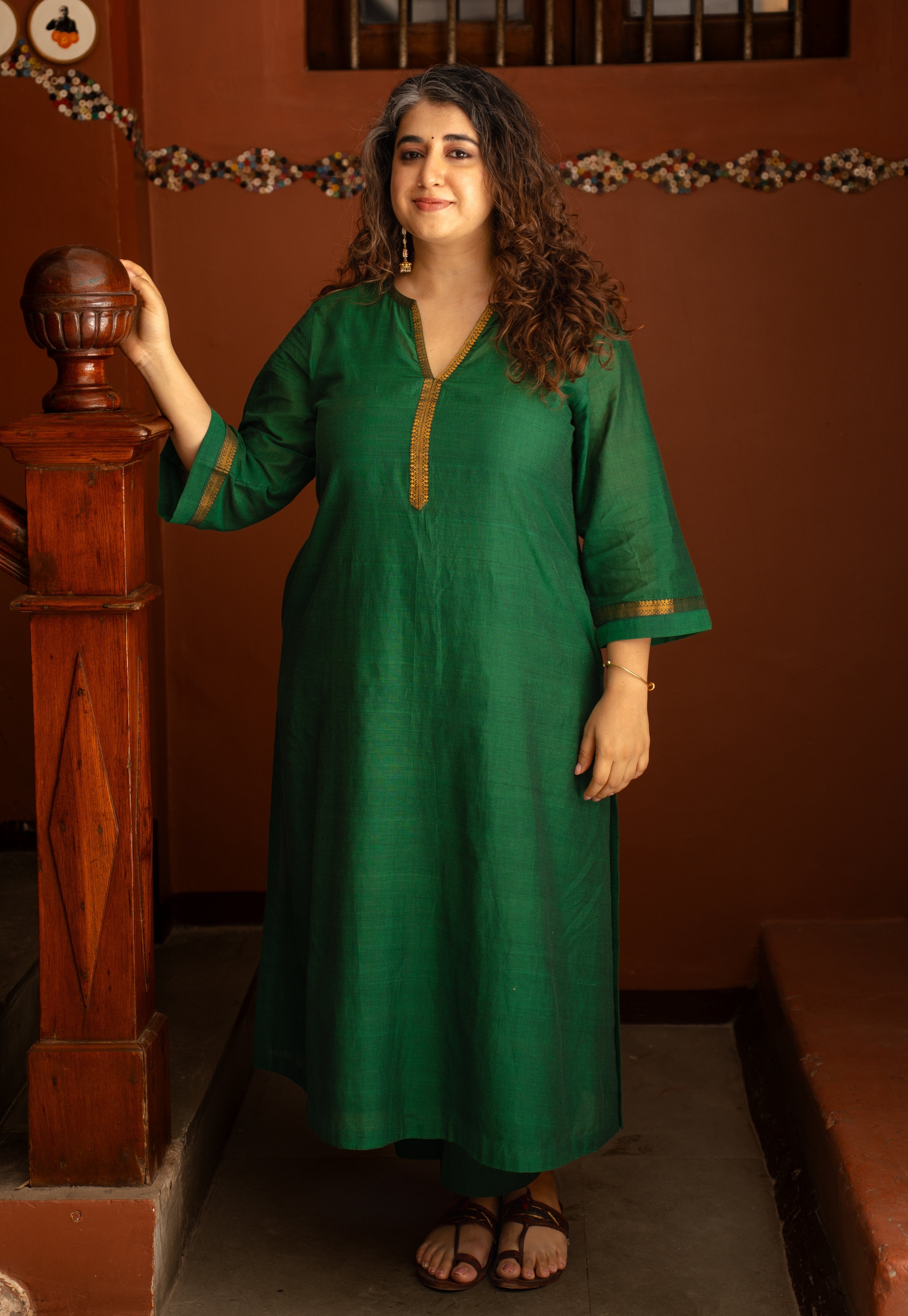 Alvira Green Mangalgiri Cotton Straight Kurta with Nizam Border