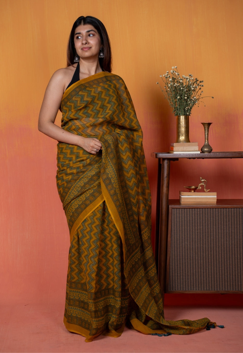 Yellow Zigzag Ajrakh Hand Block Print Kota Doria Cotton Saree