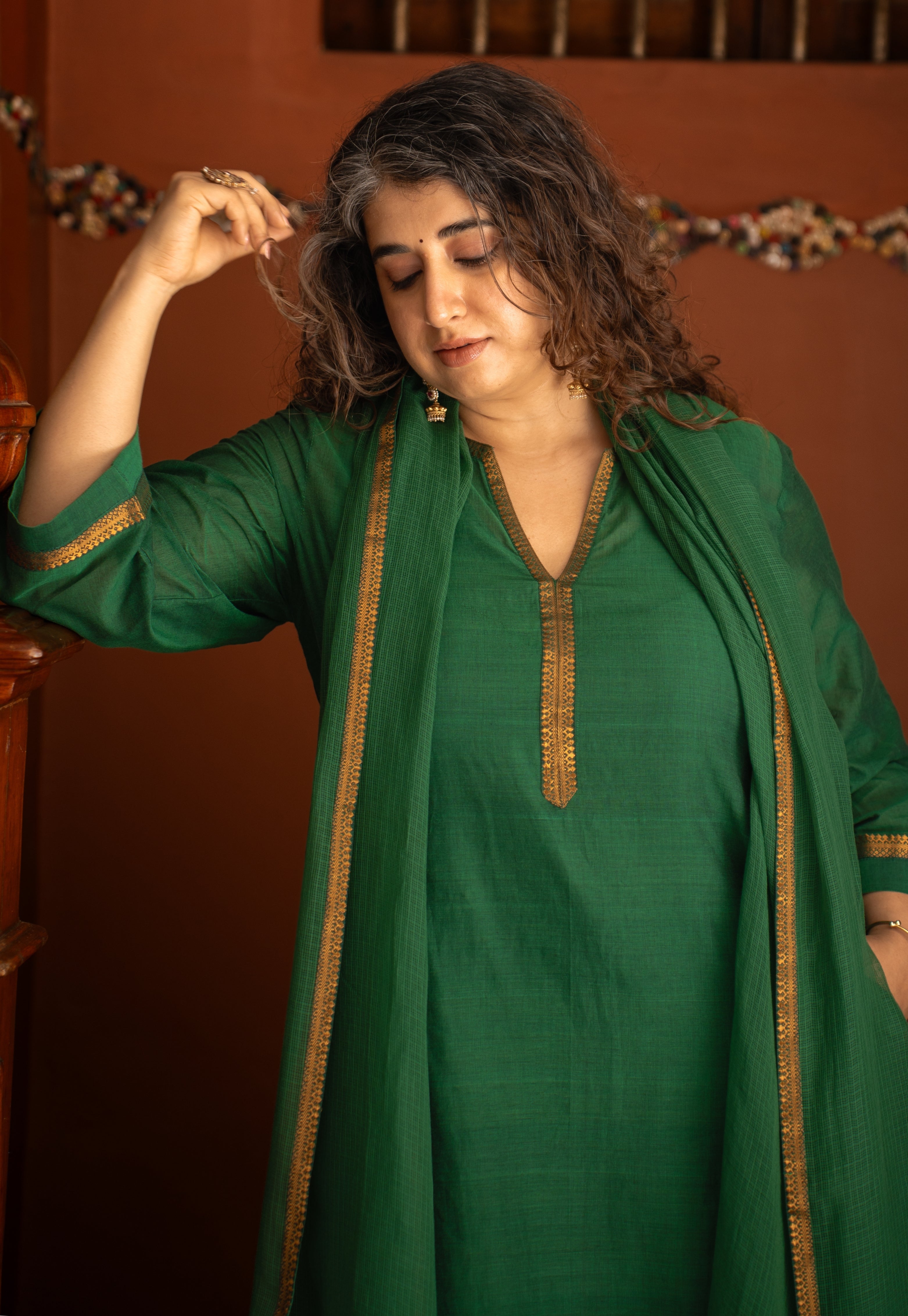 Green Solid Kota Doria Cotton Dupatta with Mangalgiri Border