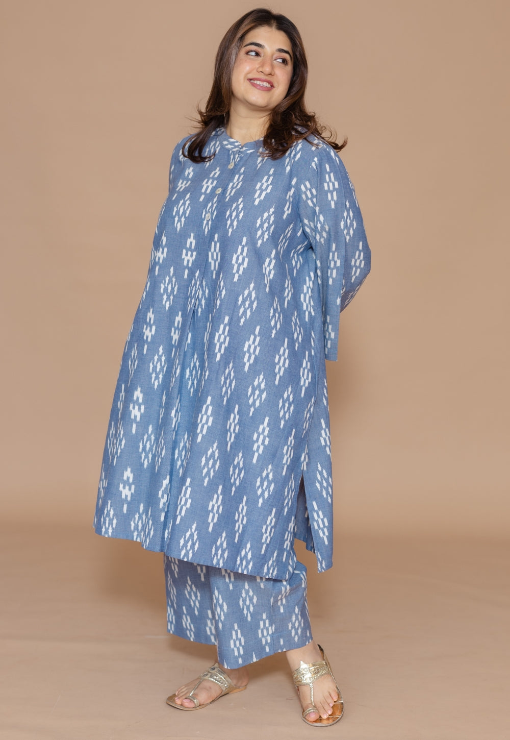 Ayaat Blue Handloom Ikkat Cotton Straight Co-Ord Set