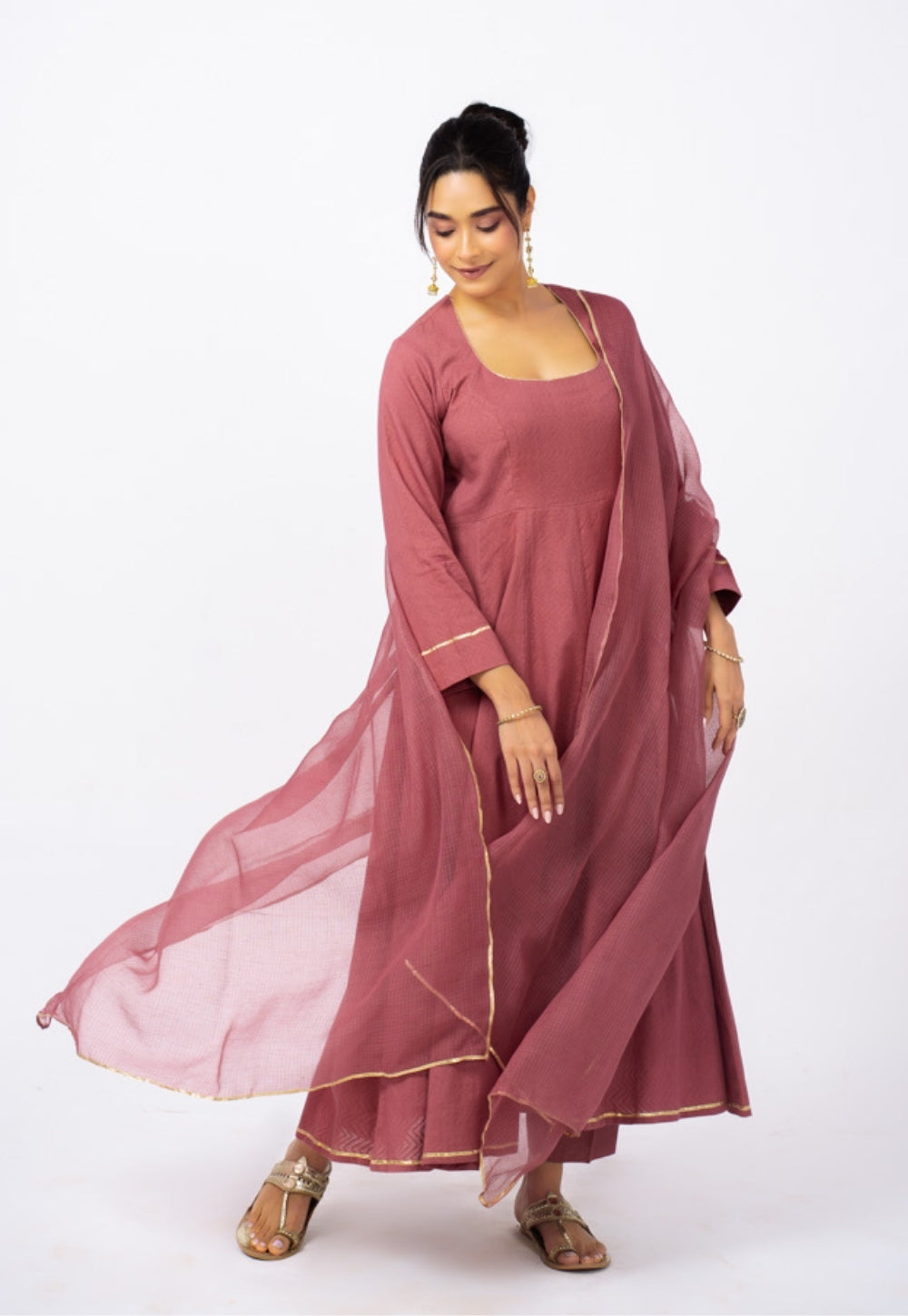 Kainat Pink Solid Cotton Kali Kurta Suit Set with Solid Dupatta (Set of 3)