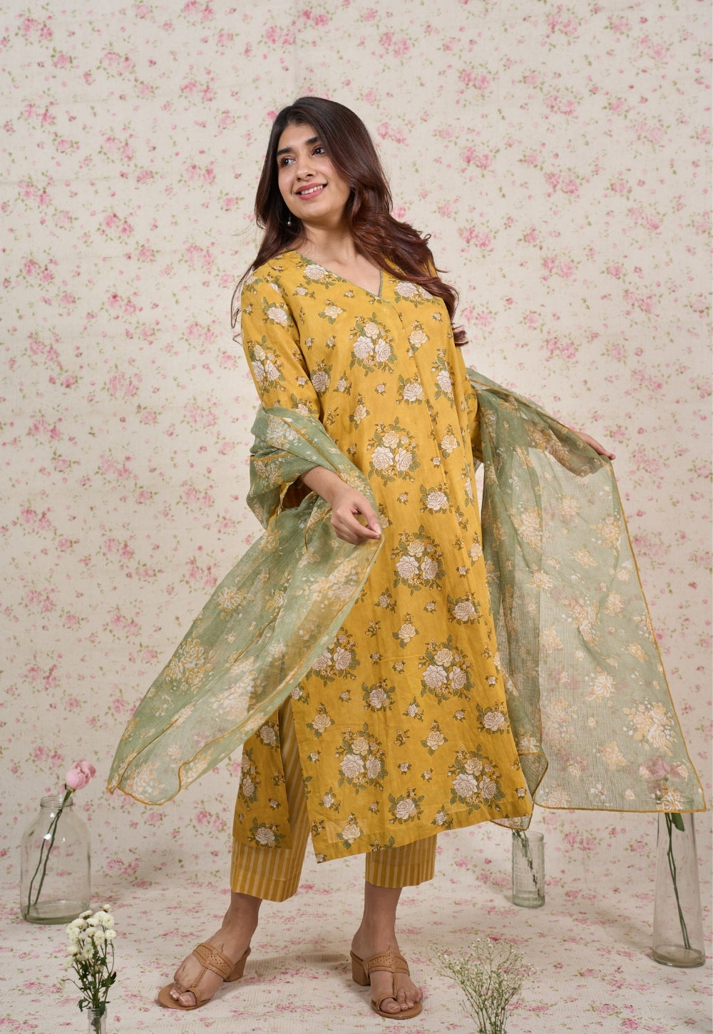 Rozin Green Sanganeri Kota Doria Cotton Dupatta