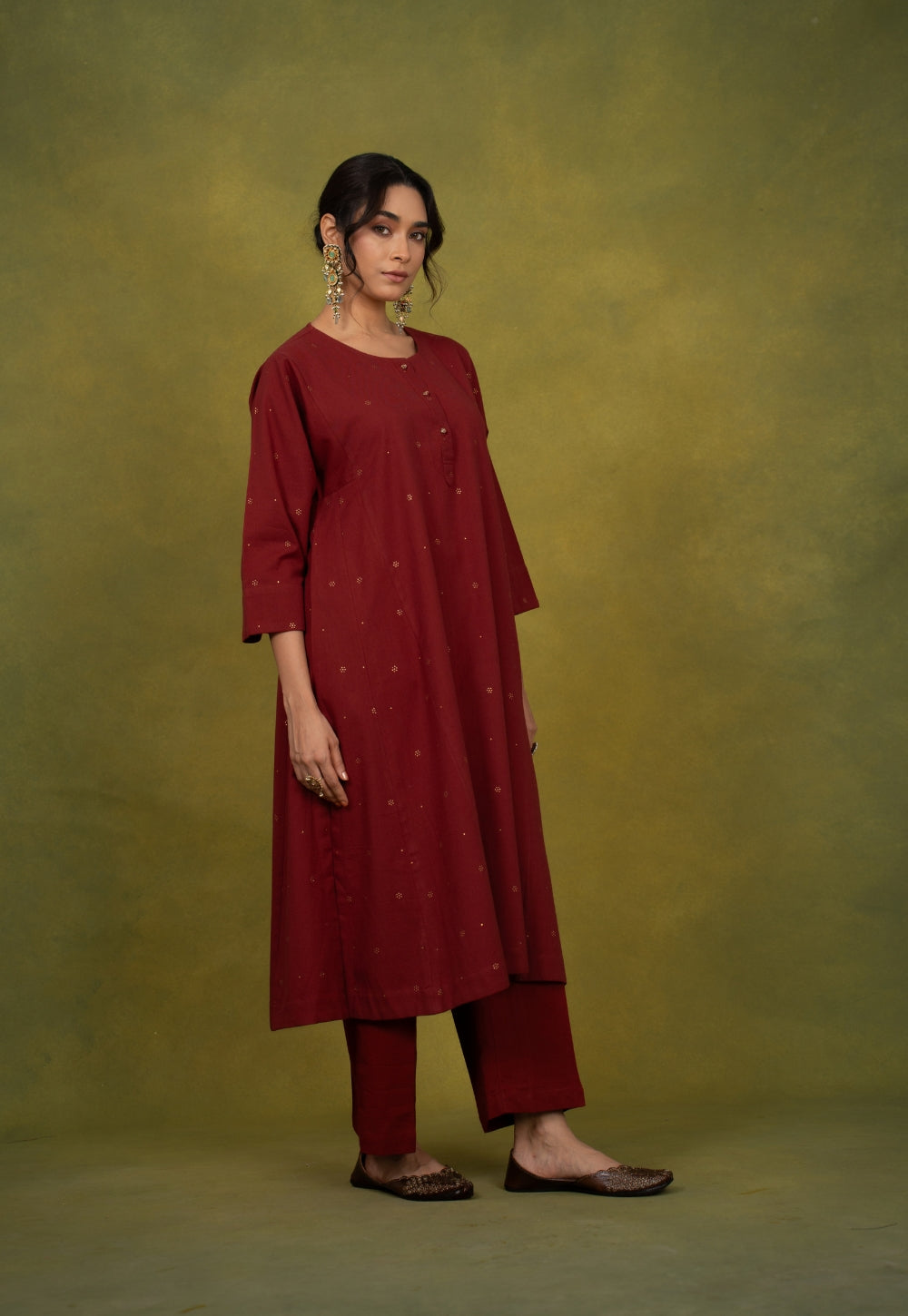 Alizah Maroon Rogan Handblock Printed Cotton Jhabbha Kali Suit Set (Set of 3)