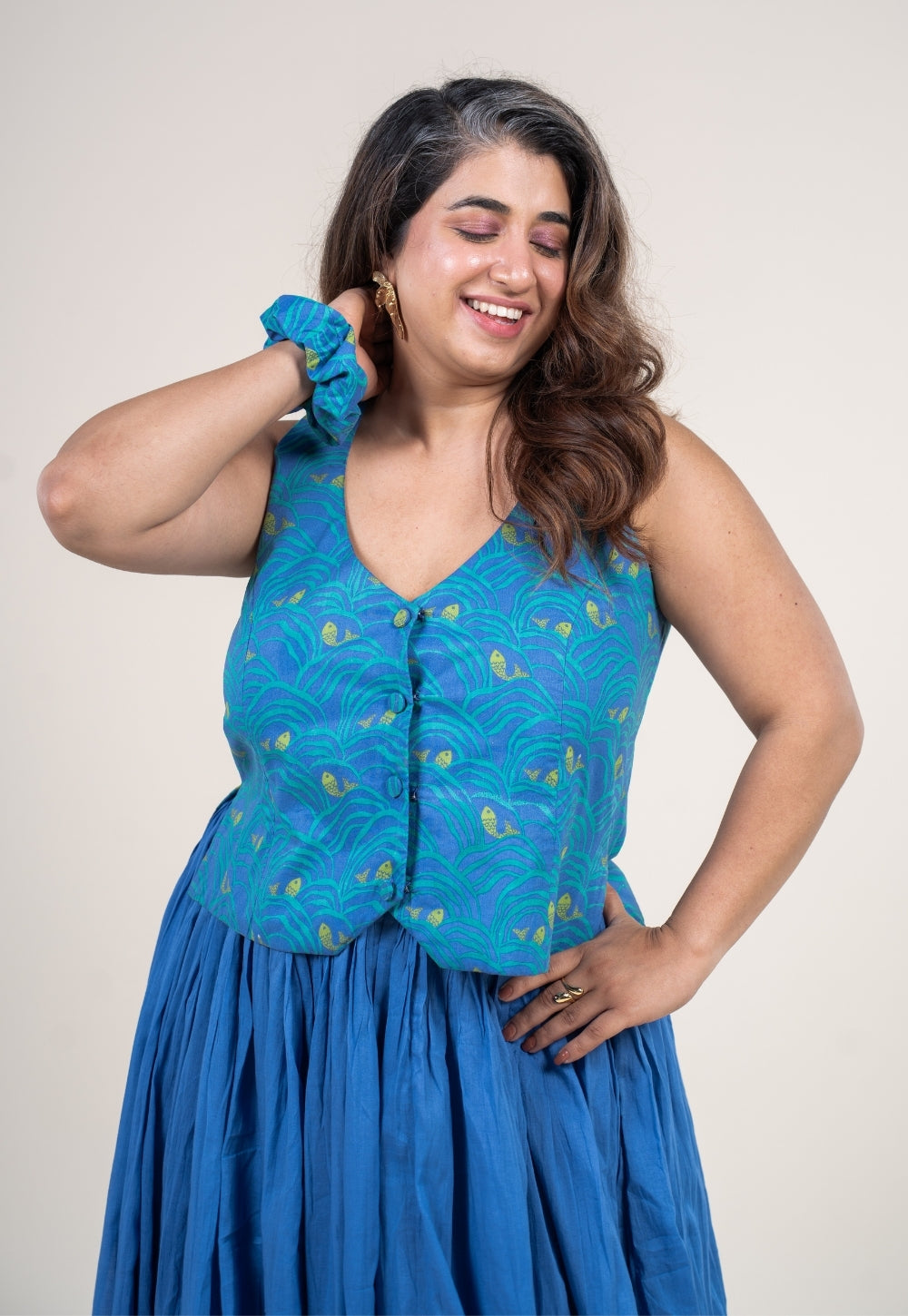 Gia Ink Blue Printed Cotton Straight Waistcoat Top