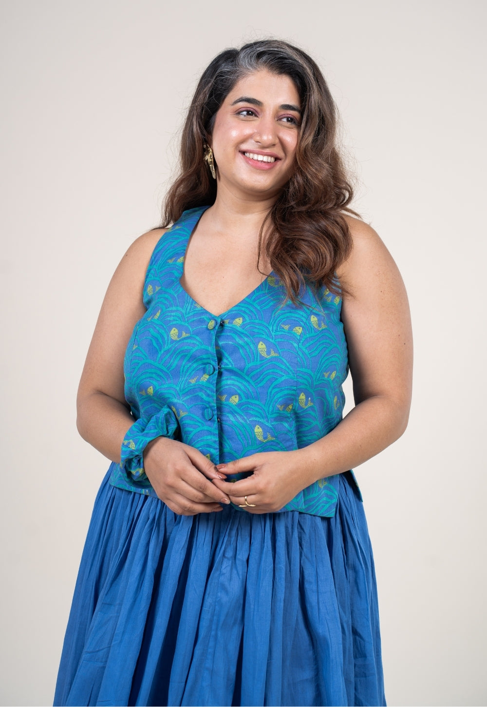Gia Ink Blue Printed Cotton Straight Waistcoat Top