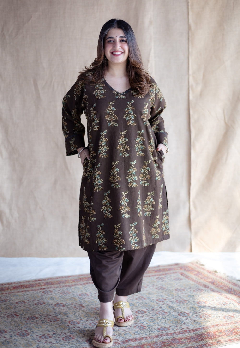 Saisha Brown Ajrakh Cotton Jhabbha Kali Kurta Set (Set of 2)