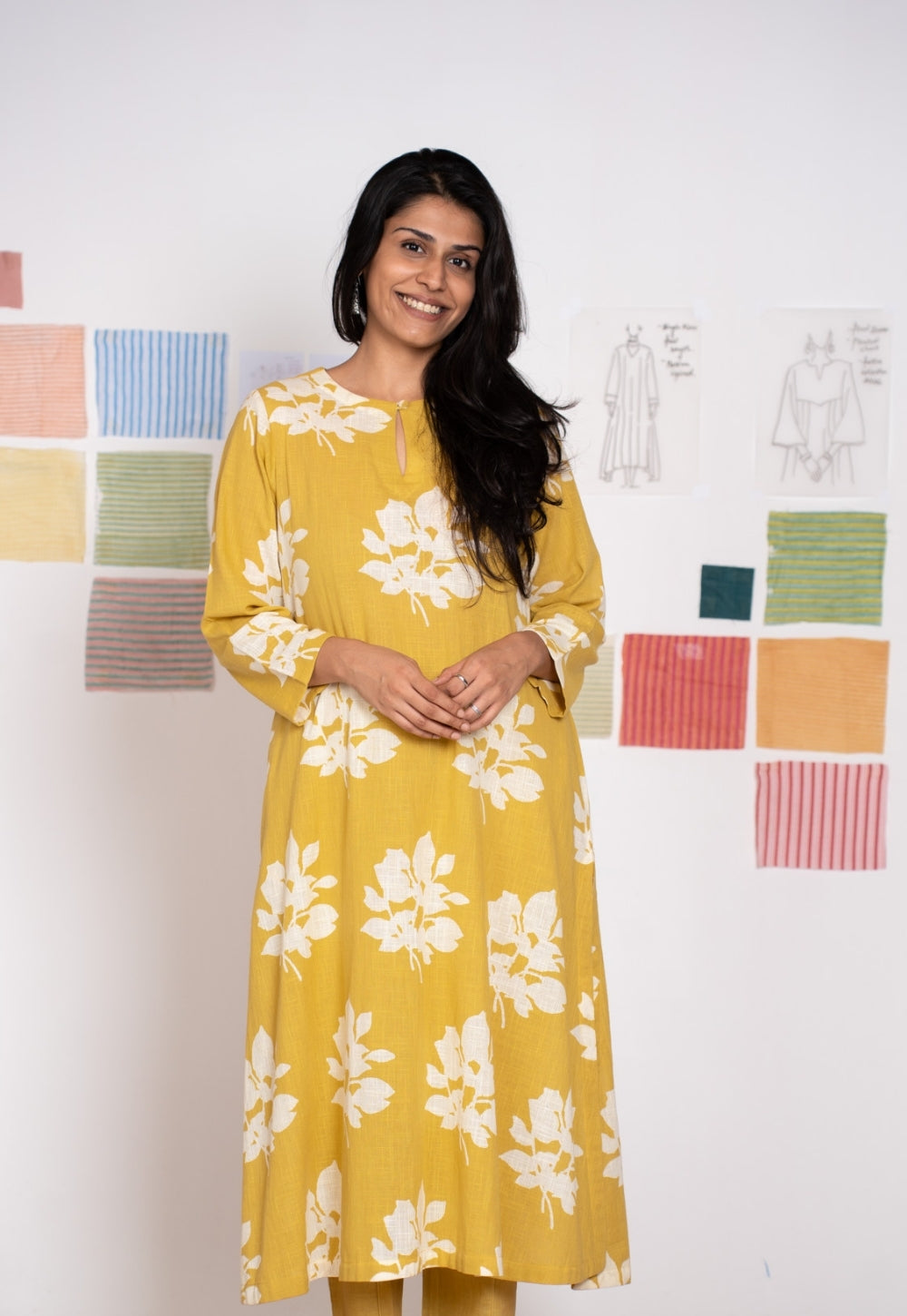 Zoohi Yellow Dabu Slub Cotton A Line Kurta