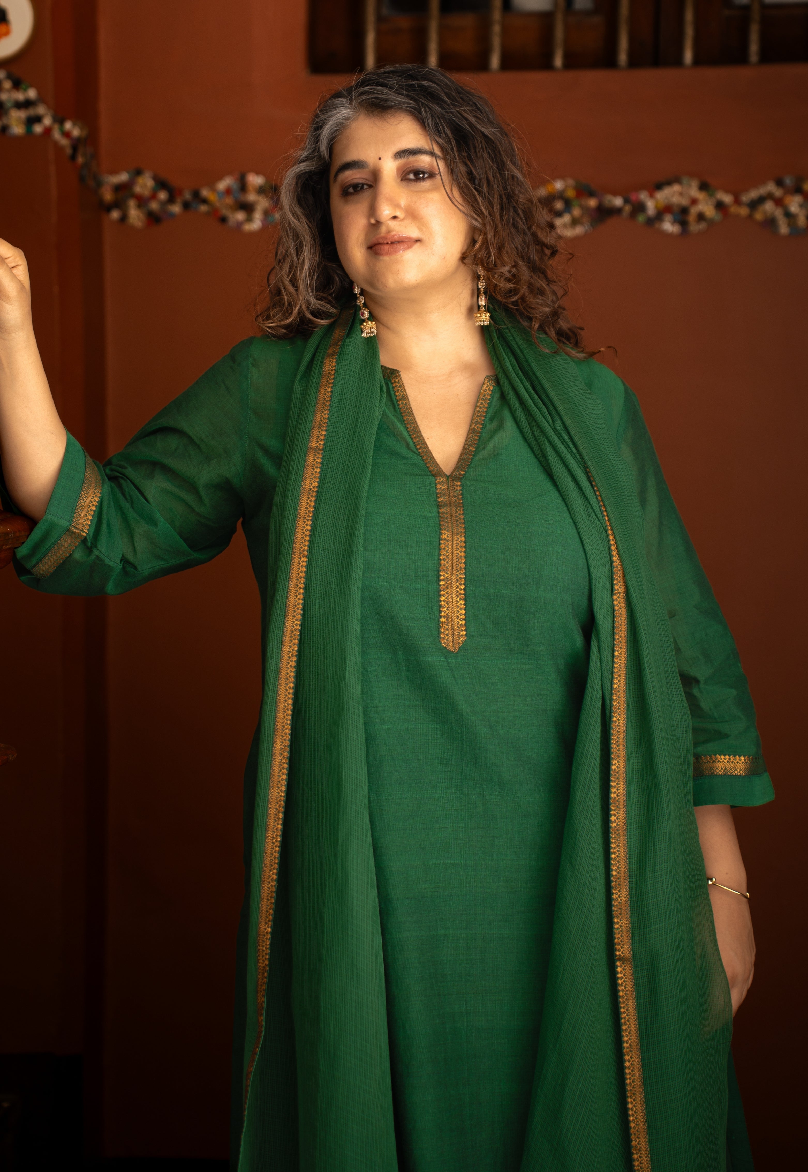 Green Solid Kota Doria Cotton Dupatta with Mangalgiri Border