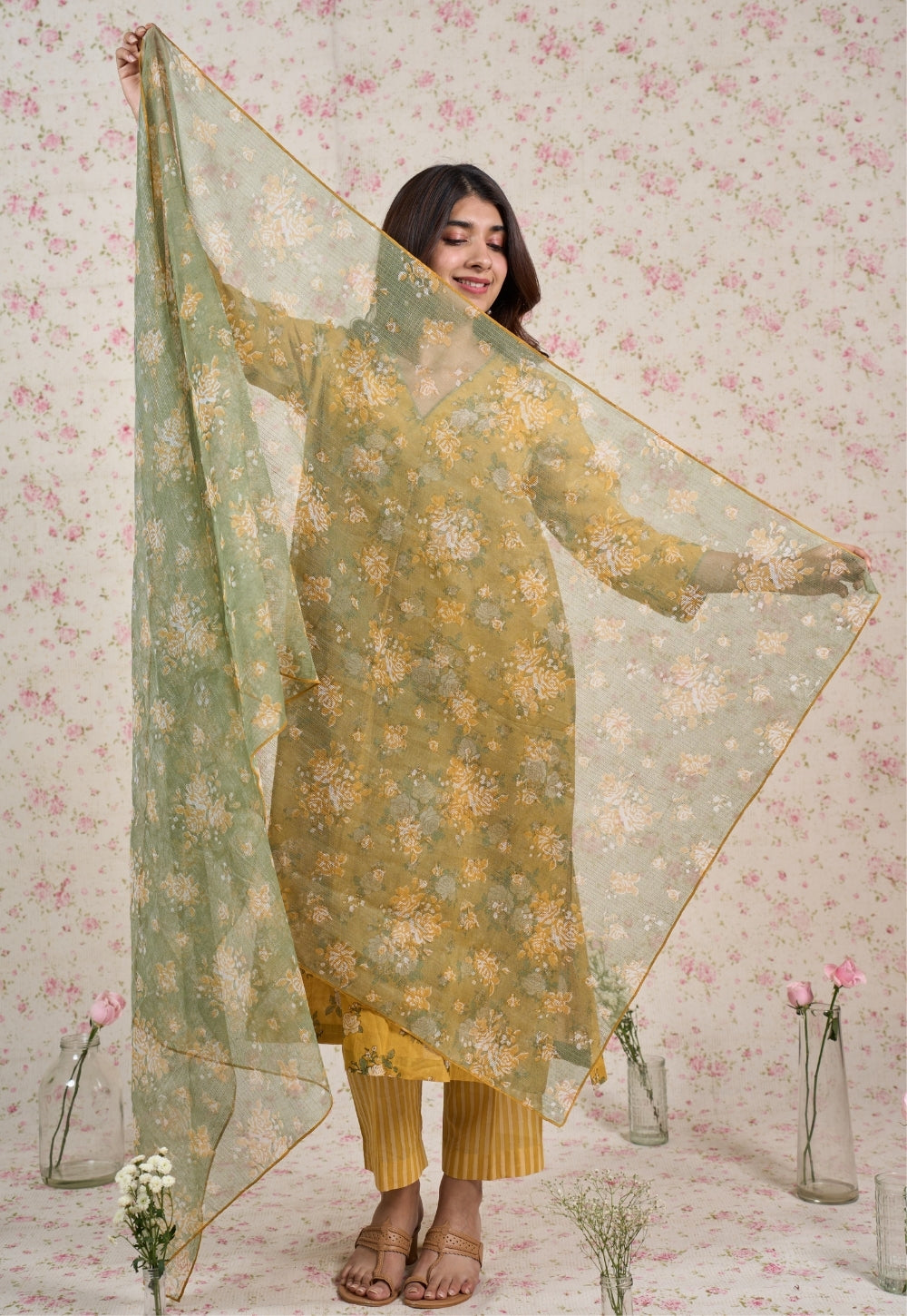 Rozin Green Sanganeri Kota Doria Cotton Dupatta