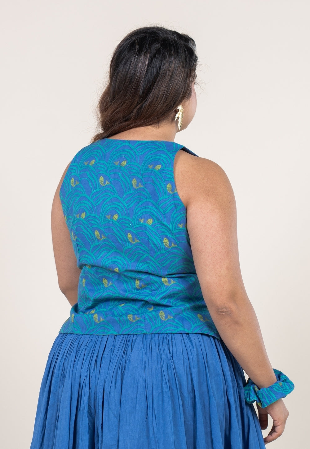 Gia Ink Blue Printed Cotton Straight Waistcoat Top