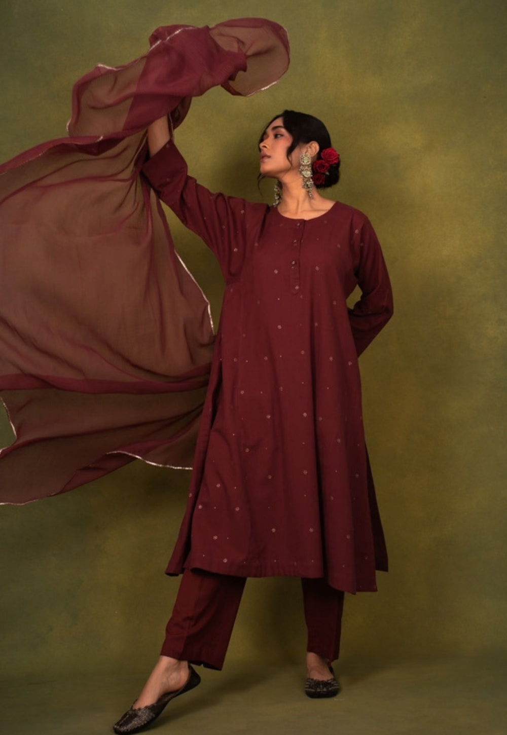 Alizah Maroon Rogan Handblock Printed Cotton Jhabbha Kali Suit Set (Set of 3)