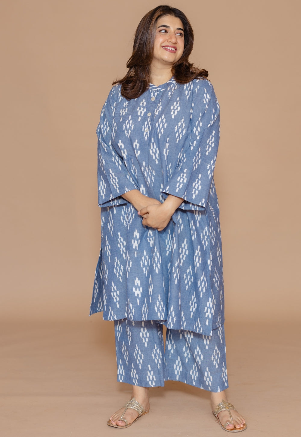 Ayaat Blue Handloom Ikkat Cotton Straight Co-Ord Set