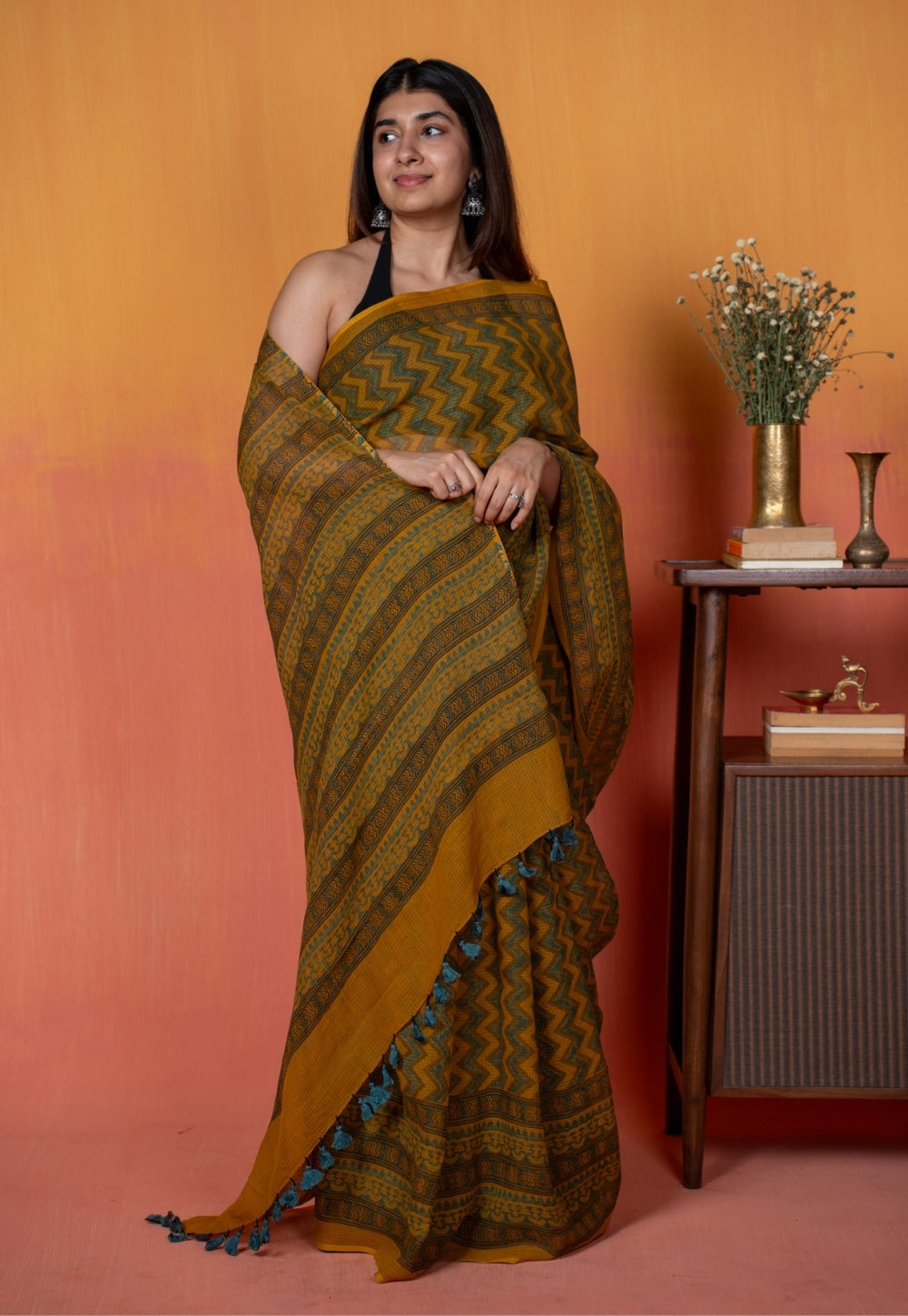 Yellow Zigzag Ajrakh Hand Block Print Kota Doria Cotton Saree
