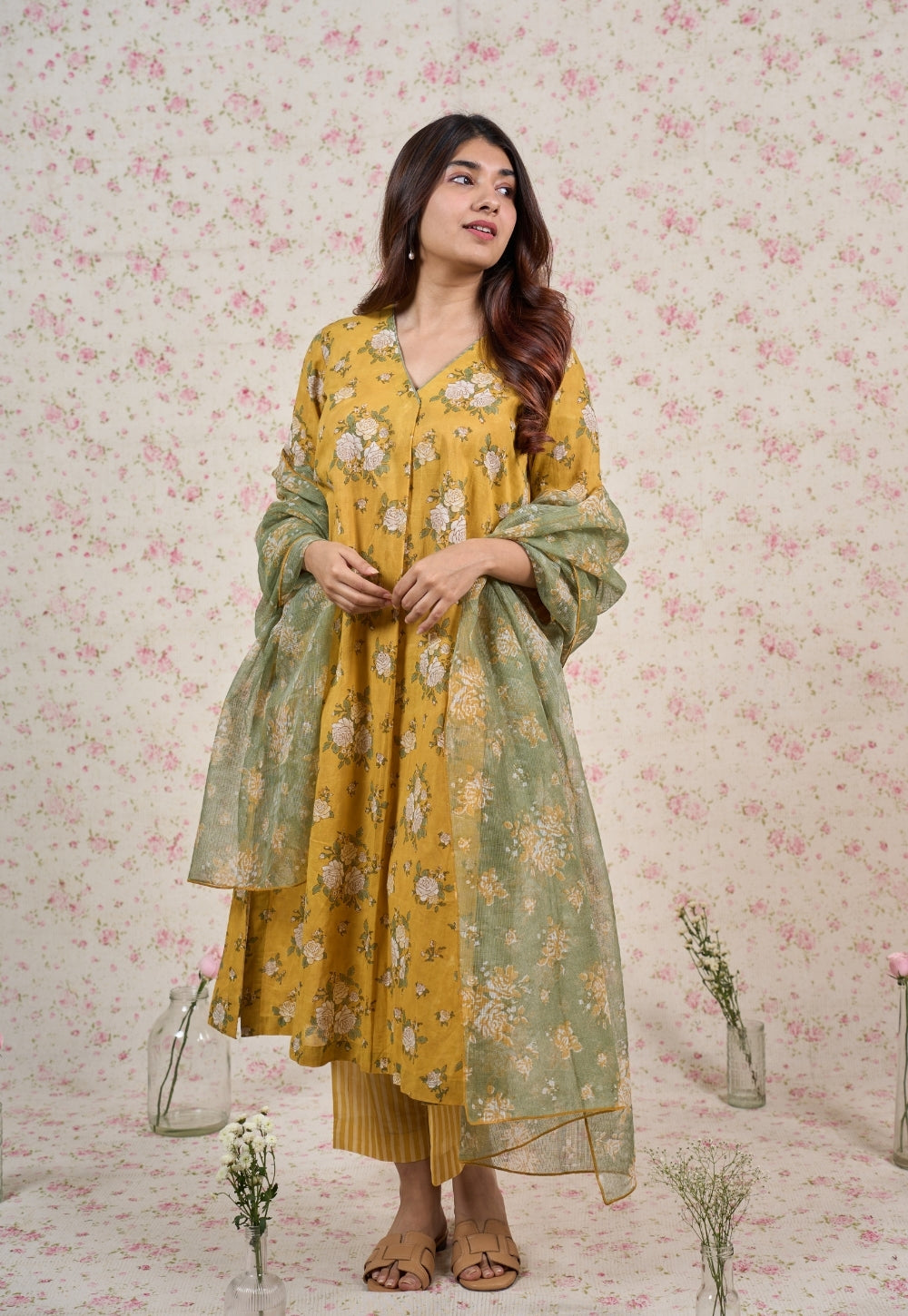 Rozin Green Sanganeri Kota Doria Cotton Dupatta