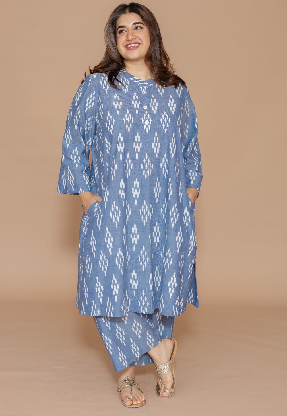 Ayaat Blue Handloom Ikkat Cotton Straight Co-Ord Set