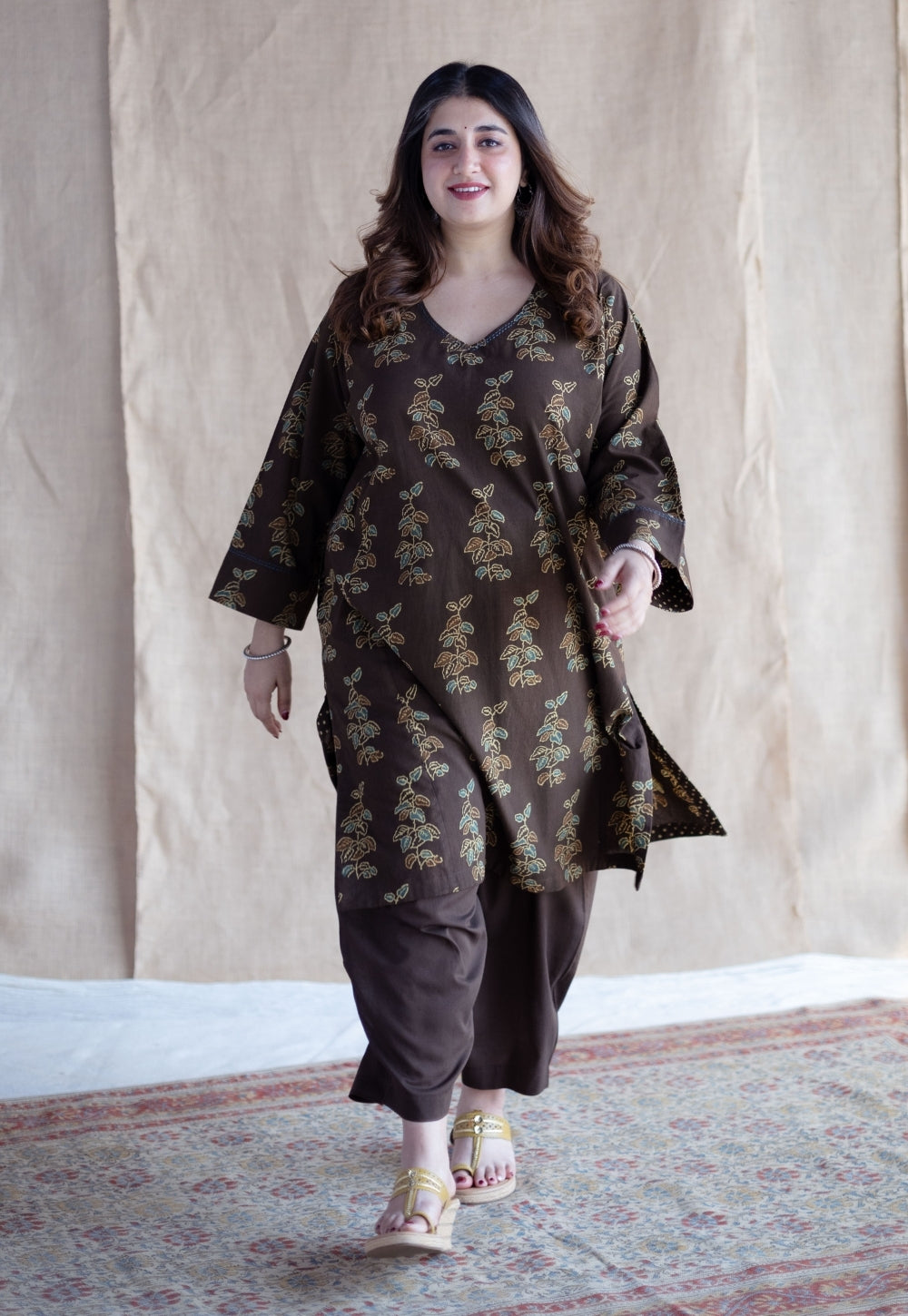 Saisha Brown Ajrakh Cotton Jhabbha Kali Kurta Set (Set of 2)