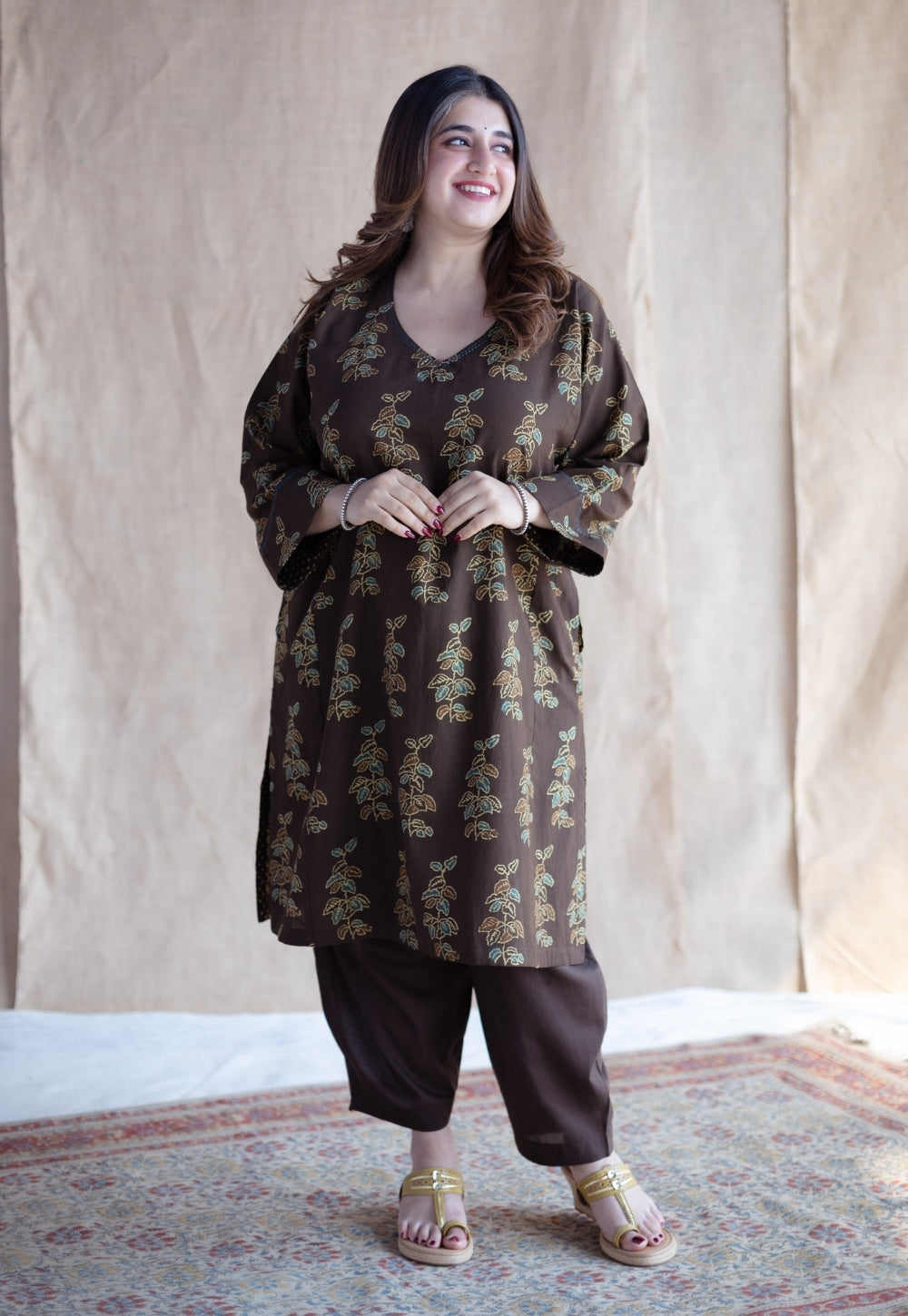Saisha Brown Ajrakh Cotton Jhabbha Kali Kurta with Dupatta