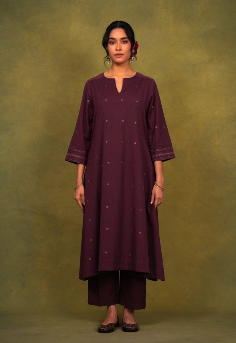 Malika Wine Rogan Handblock Printed Cotton Kali Kurta Suit Set (Set of 3)