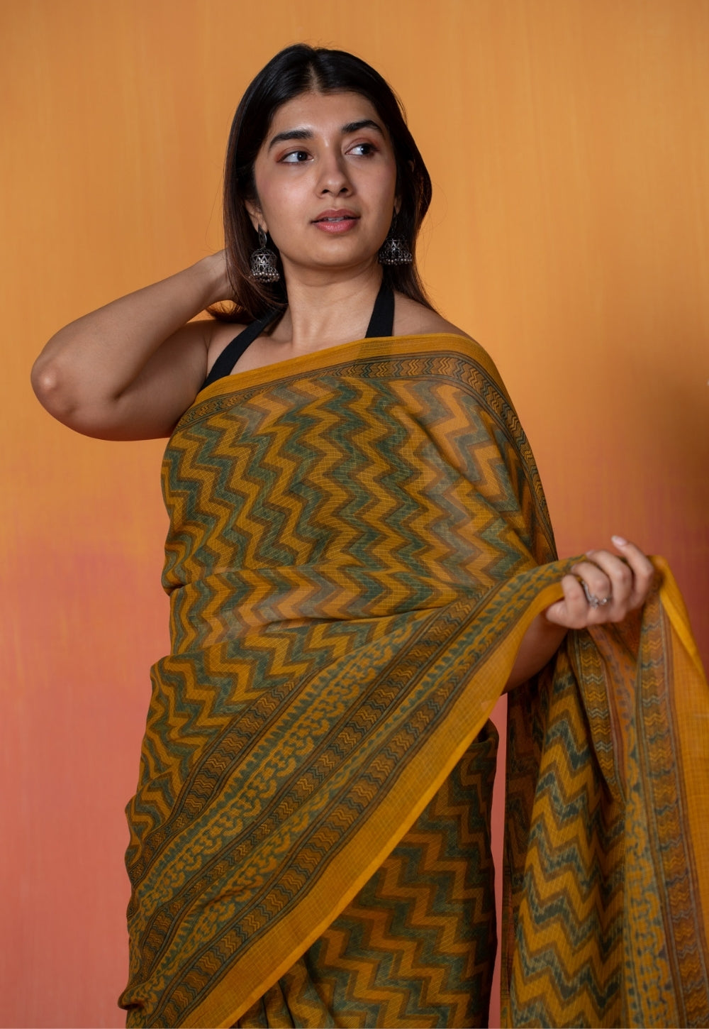 Yellow Zigzag Ajrakh Hand Block Print Kota Doria Cotton Saree