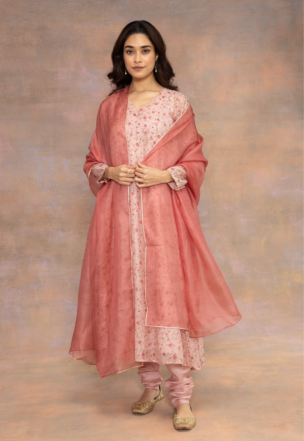 Melon Pink Solid Kota Doria Silk Dupatta with Mukaish Detailing