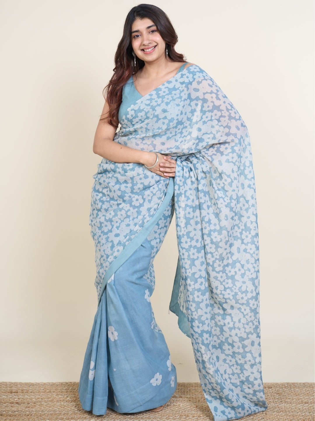 Warisha Blue Batik Hand Block Print Mul Cotton Saree with Embroidery