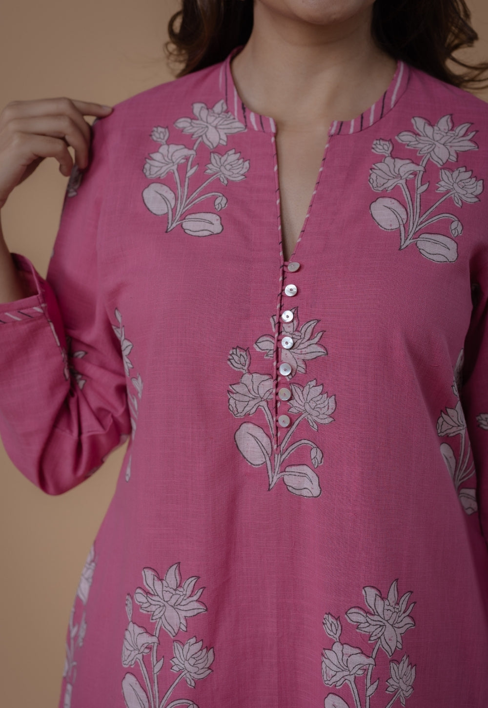 Eshika Pink Dabu Slub Cotton A Line Kurta Set (Set of 2)