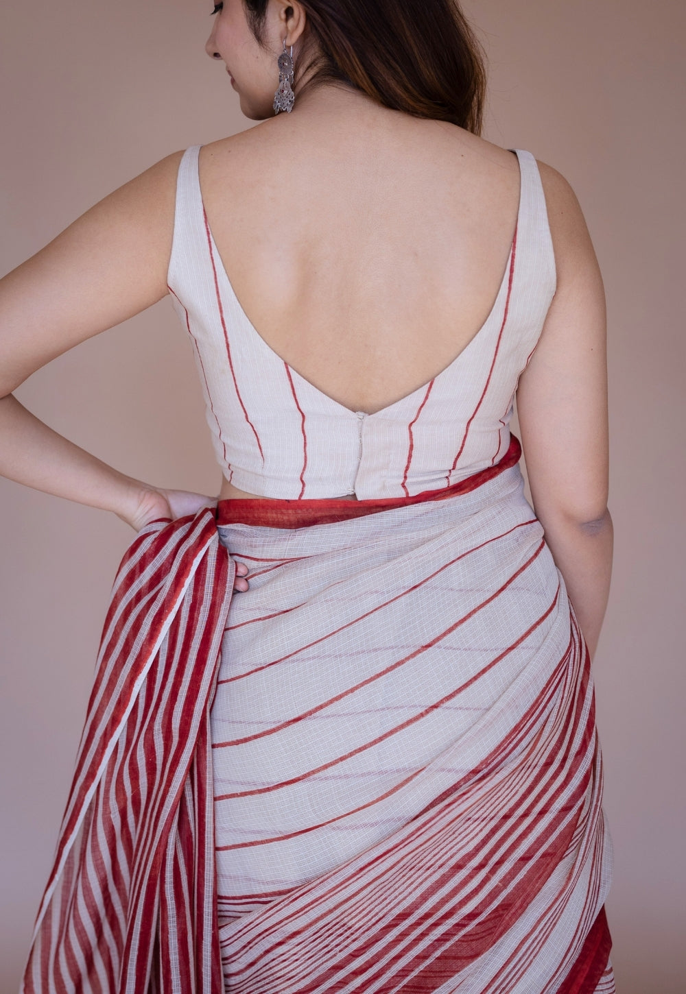 Off White Stripe Ajrakh Hand Block Print Kota Doria Cotton Saree
