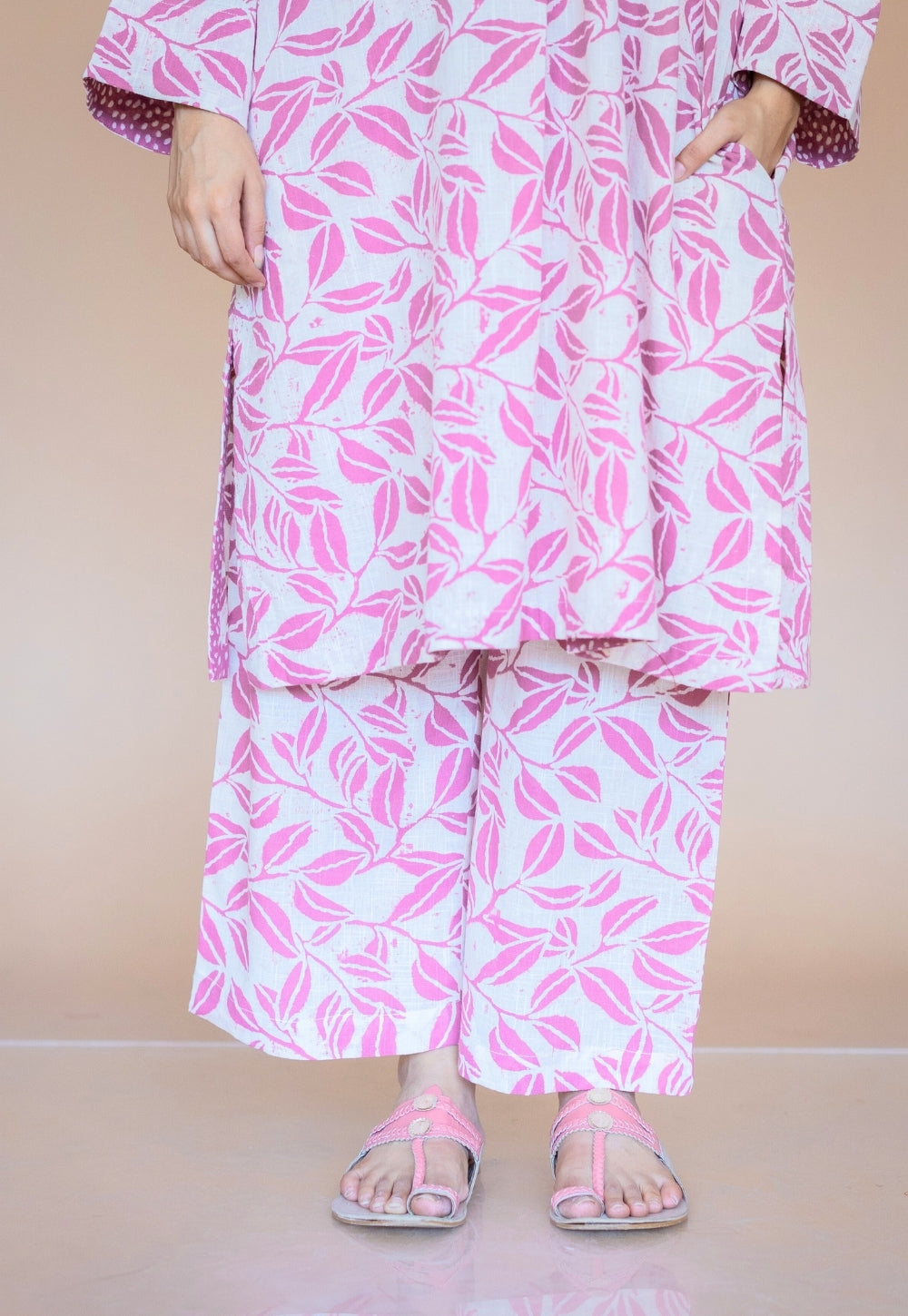 Yashi Pink Hand Block Print Slub Cotton Straight Pant