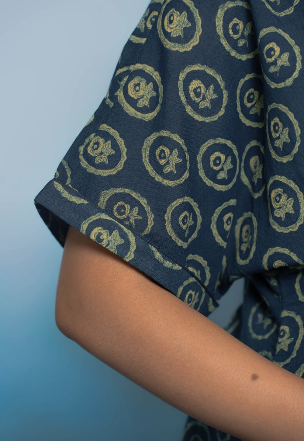 Stuti Teal Blue Dabu Mul Cotton A Line Short Top