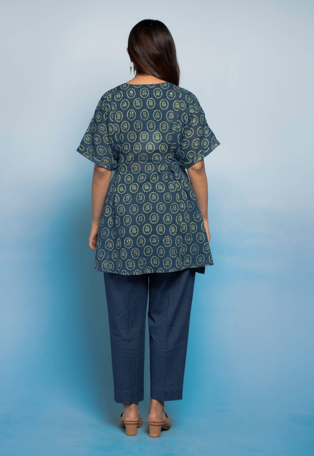 Stuti Teal Blue Dabu Mul Cotton A Line Short Top