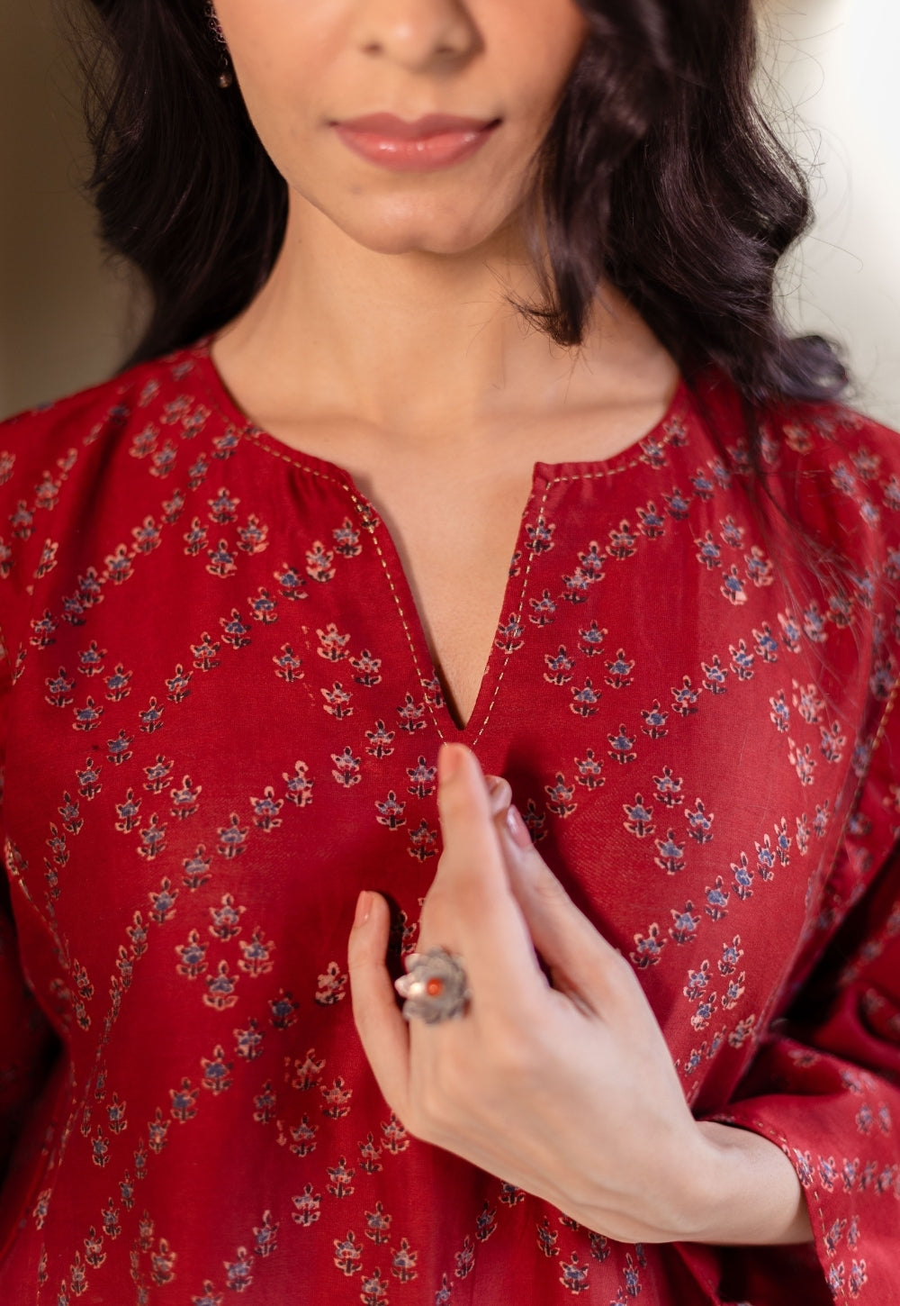 Ayra Madder Ajrakh Chanderi Silk Jhabbha Kali Kurta with Hand Embroidery