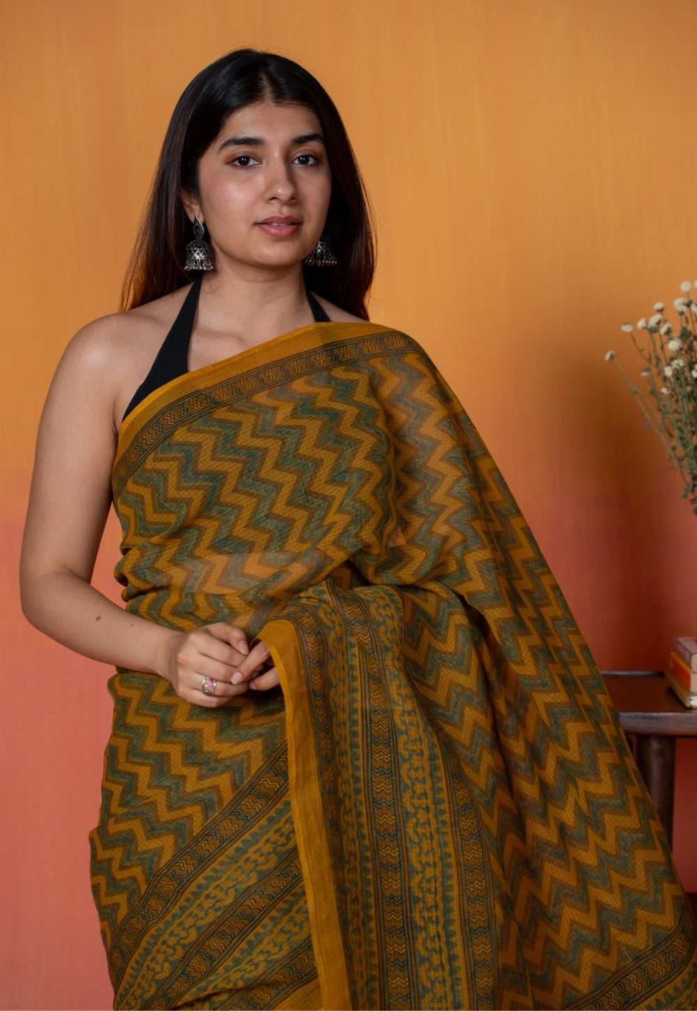 Yellow Zigzag Ajrakh Hand Block Print Kota Doria Cotton Saree