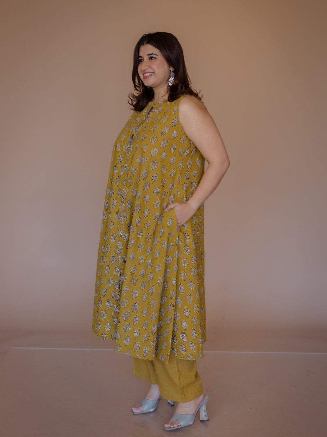 Heena Yellow Bagru Cotton A Line Kurta