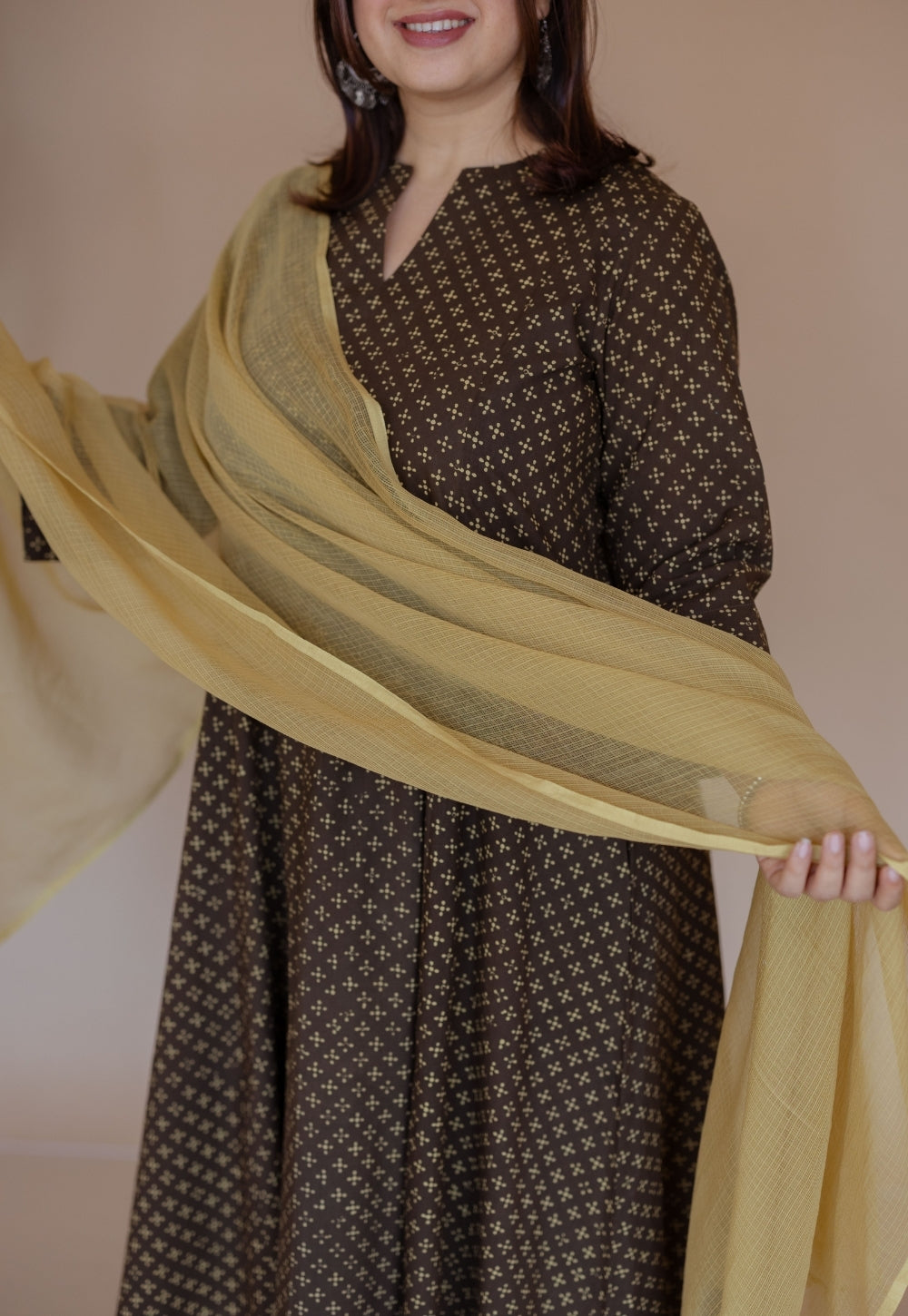 Shikha Brown Ajrakh Cotton Kali Suit Set (Set of 3)