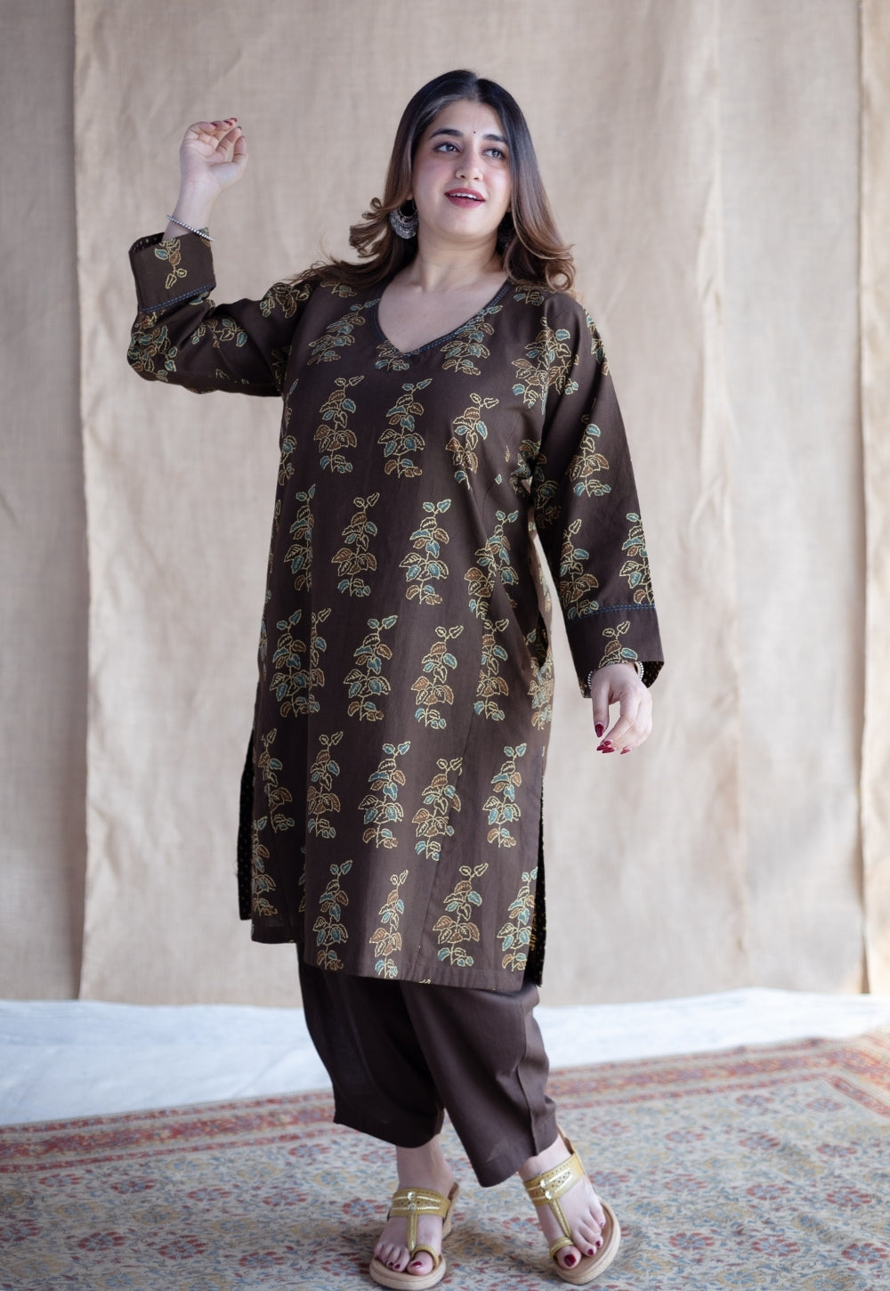 Saisha Brown Ajrakh Cotton Jhabbha Kali Kurta Set (Set of 2)