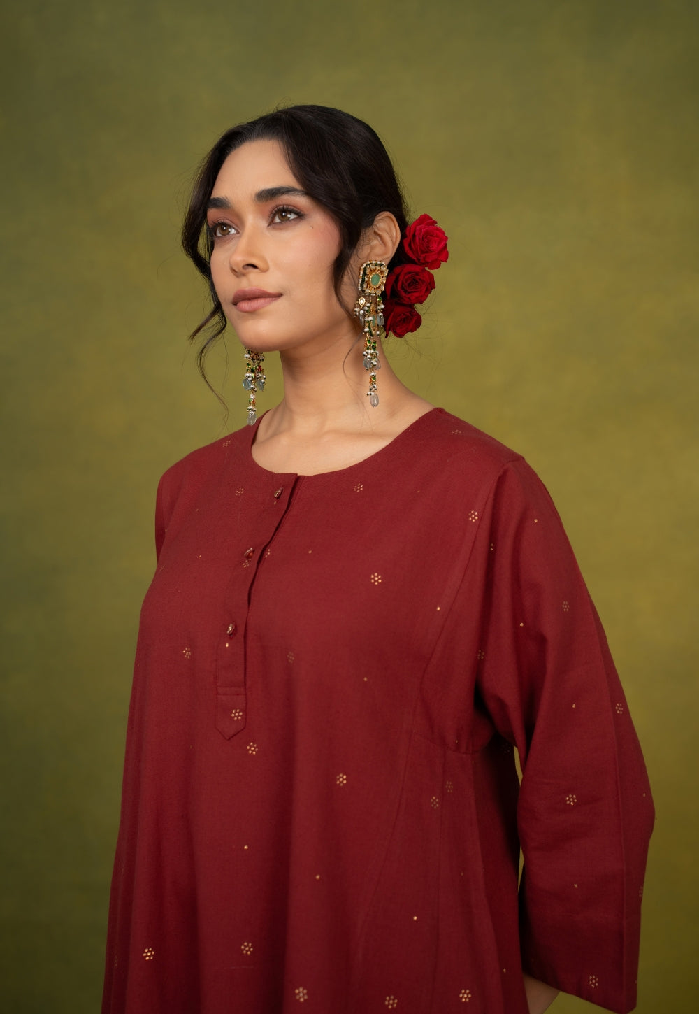 Alizah Maroon Rogan Handblock Printed Cotton Jhabbha Kali Suit Set (Set of 3)