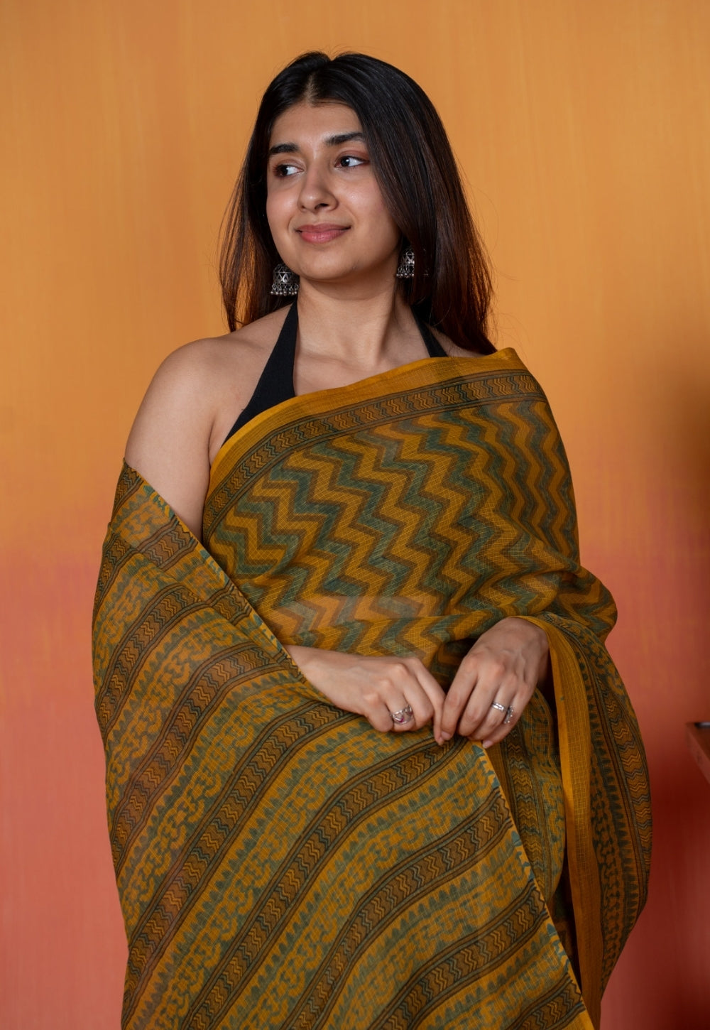 Yellow Zigzag Ajrakh Hand Block Print Kota Doria Cotton Saree