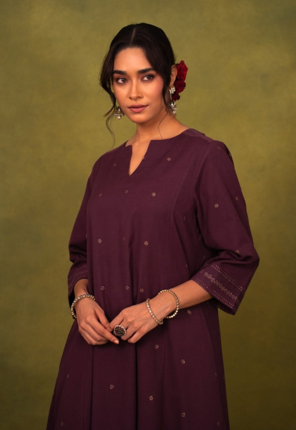 Malika Wine Rogan Handblock Printed Cotton Kali Kurta Suit Set (Set of 3)