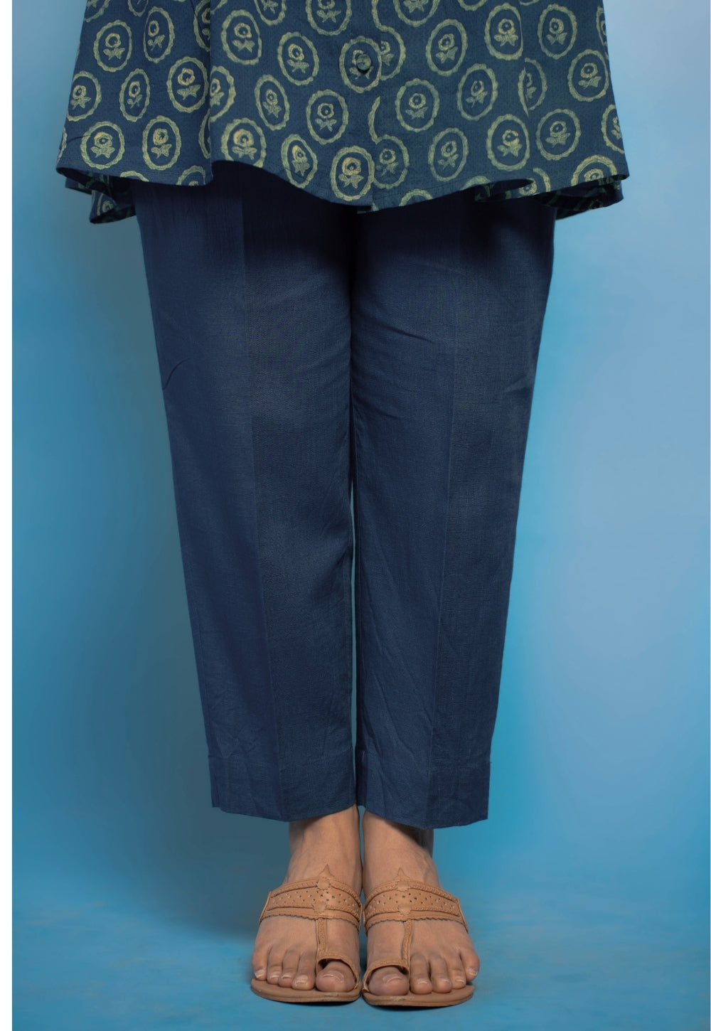 Stuti Teal Blue Dabu Mul Cotton A Line Short Top