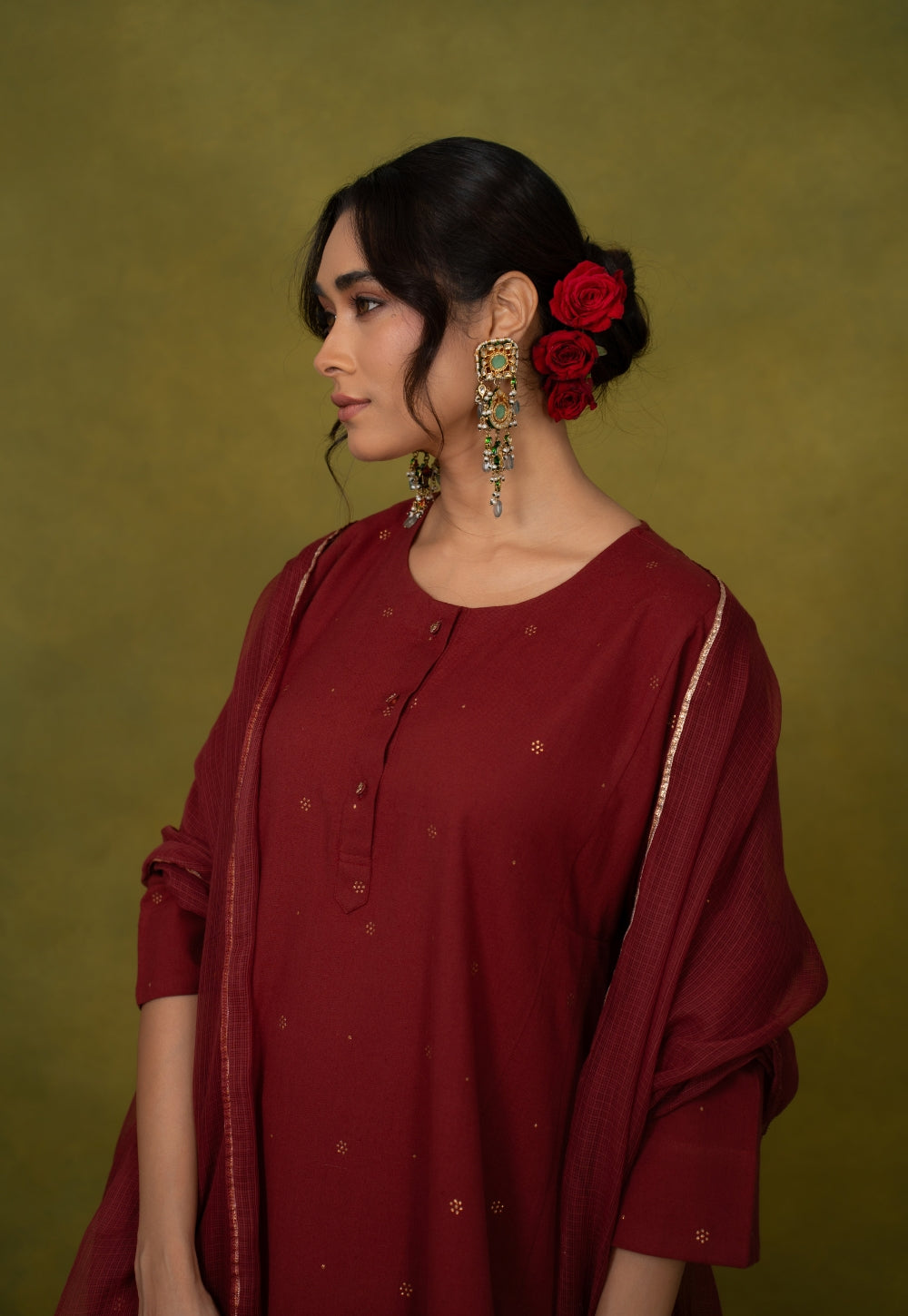 Alizah Maroon Rogan Handblock Printed Cotton Jhabbha Kali Suit Set (Set of 3)