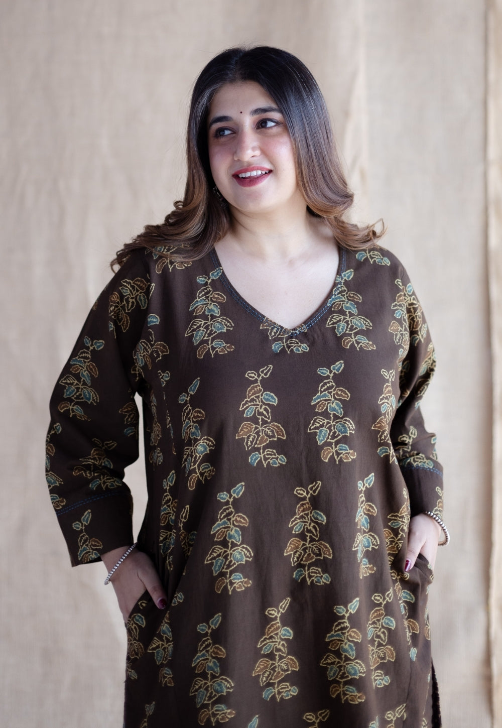 Saisha Brown Ajrakh Cotton Jhabbha Kali Kurta Set (Set of 2)